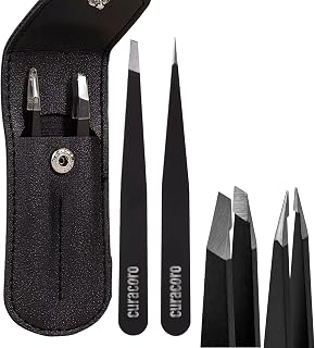 Curacoro Eyebrow Tweezer Set, Slant & Point Tip, Stainless Steel, Black