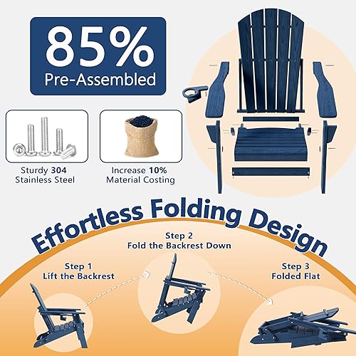 Miniatura 8 de Silla Adirondack plegable con soporte para tazas, de plástico HDPE resistente a todo tipo de clima, sillas de patio al aire libre, asiento de