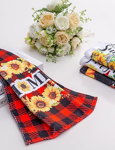 Miniatura 5 de Juego de 4 toallas de cocina colgantes con girasol y búfalo a cuadros, toallas de mano con velcro para cocina, baño, decoración de Navidad (12 x 17