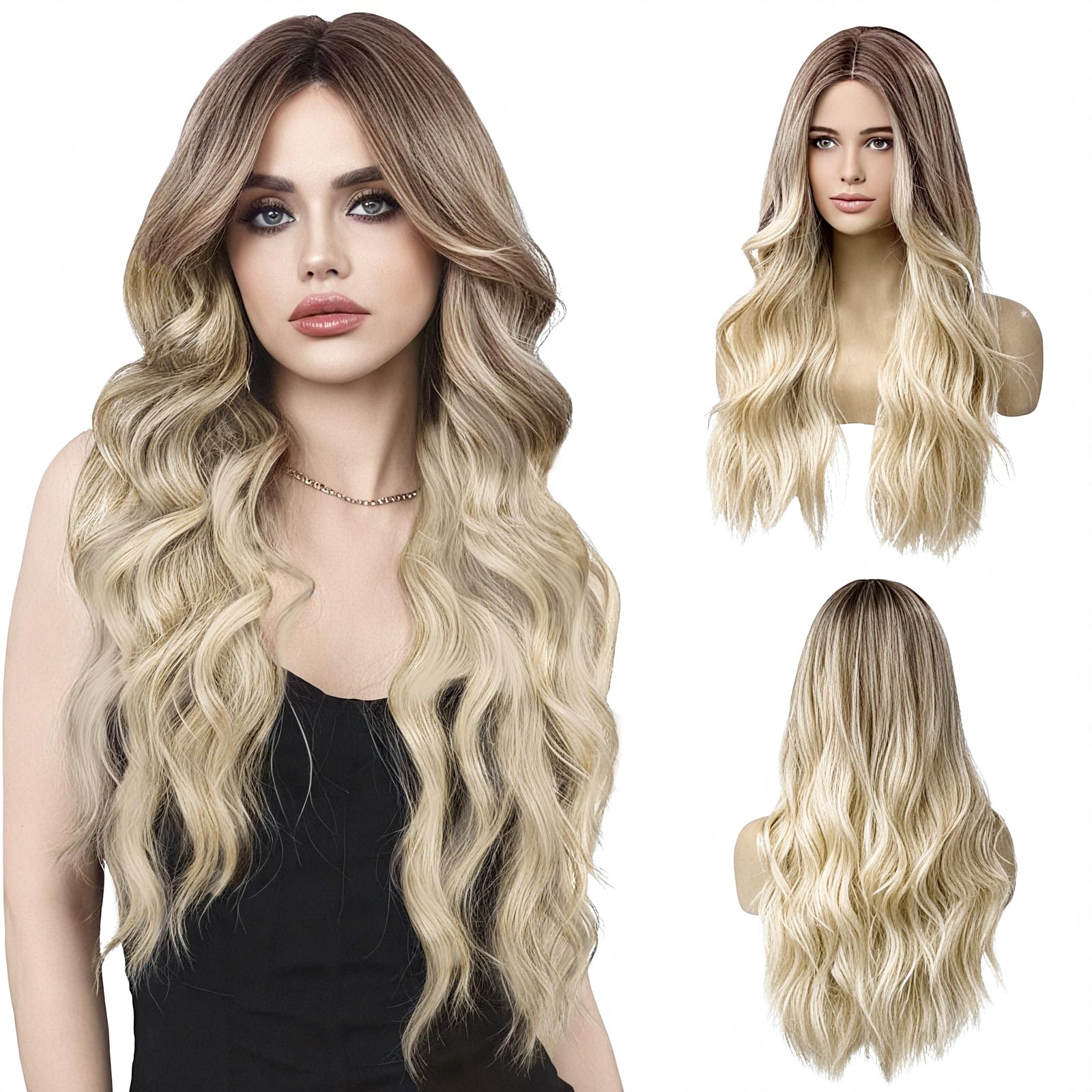 LUFFLOK Long Wave Ombre Brown to Blonde Wigs for Women 27’’ Long Curly Wigs Heat Resistant Natural Ombre Wig with Wig Net Synthetic Hair Wigs for Ladies Fancy Dress Party Cosplay Daily Use (Blonde)