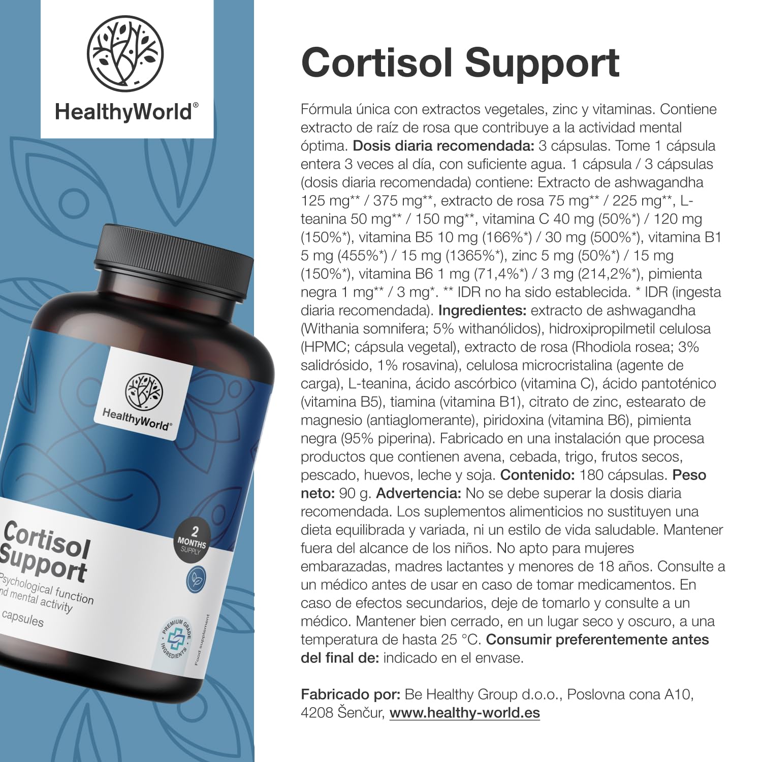HealthyWorld Cortisol Support - 180 cápsulas - Ashwagandha, Rodiola, L-Teanina, Zinc, Pimienta Negra, Vitamina C1, B1, B5, B6 - Para el Equilibrio Hormonal - Fórmula Vegetariana
