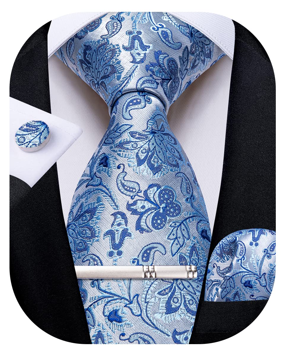 Men's Silk Woven Necktie Paisley Floral Tie Set with Pocket Square Cufflinks Tie Clip for Wedding Business