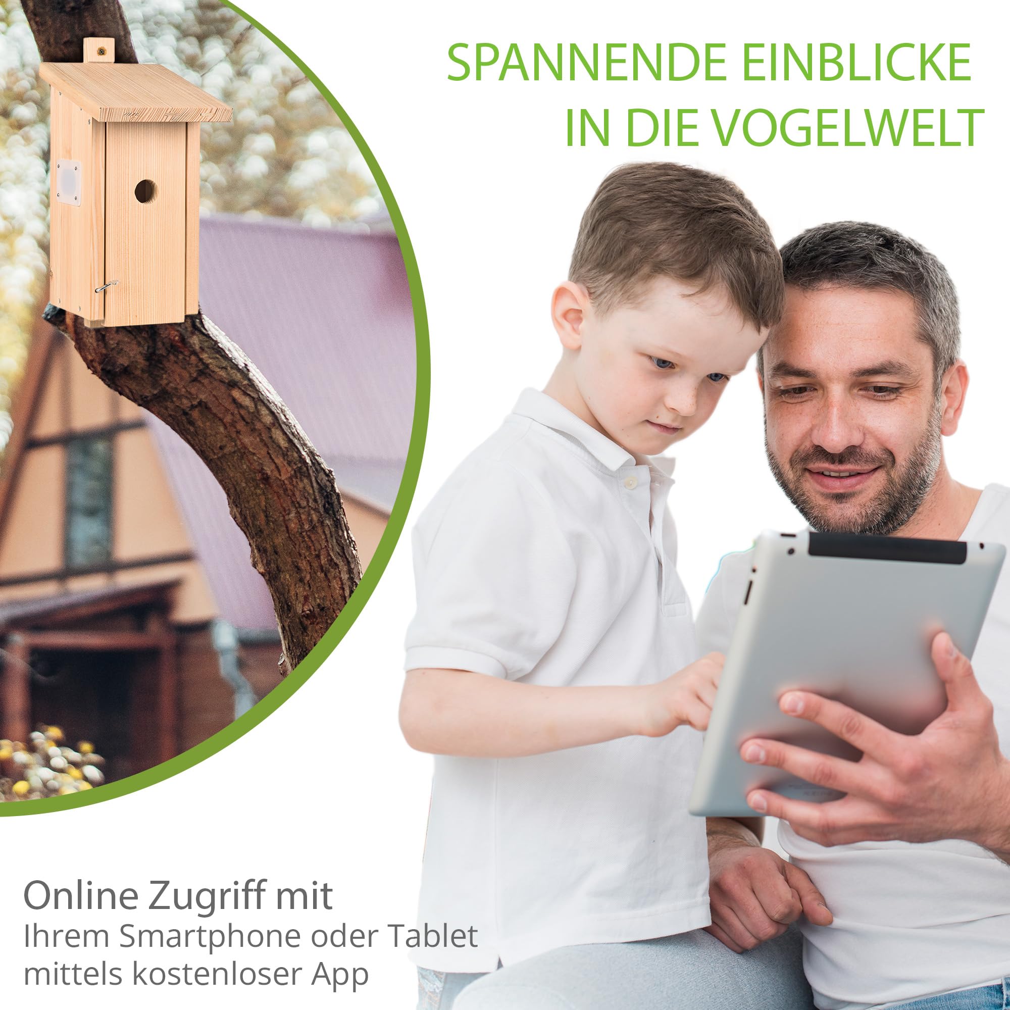 Nestblick Plus in Beige mit WLAN-Kamera. Nistkasten für Live-Beobachtung mit App, Full-HD, Nachtsicht, Ton und Infrarot LEDs. Ideal für Meisen, Kleiber & Zaunkönige.