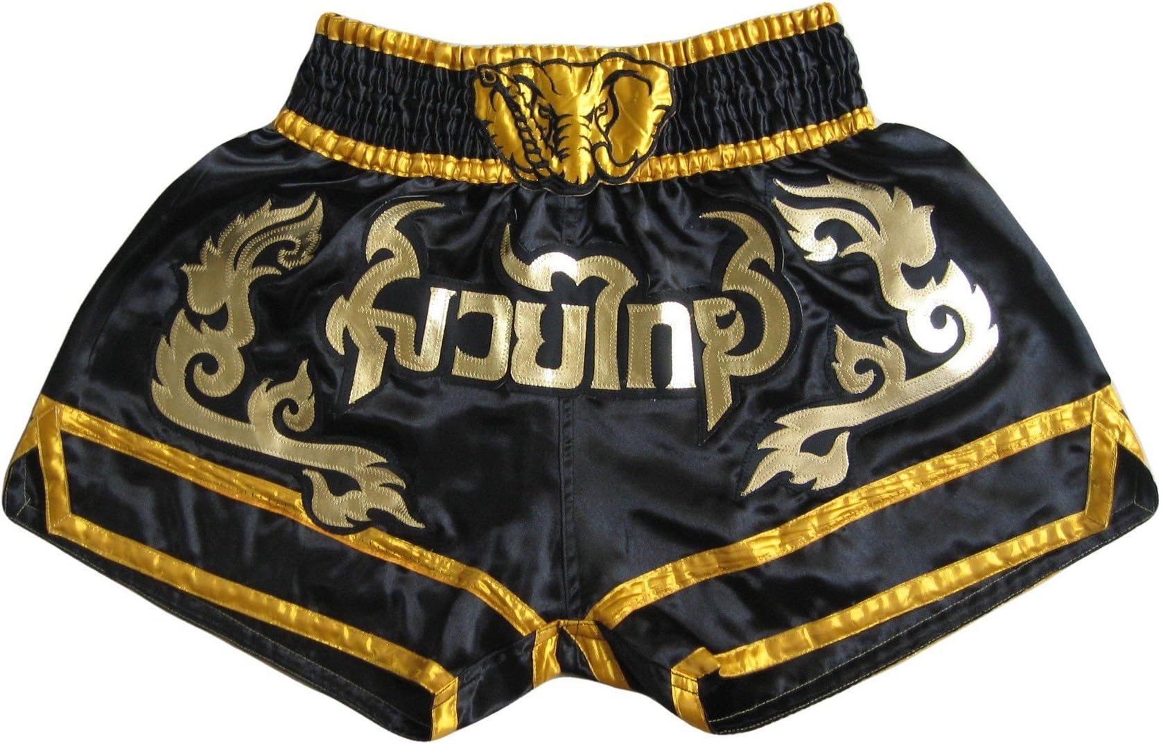001569 Muay Thai Kick Boxing Shorts Trunks Black Size M Satin Elephant Head