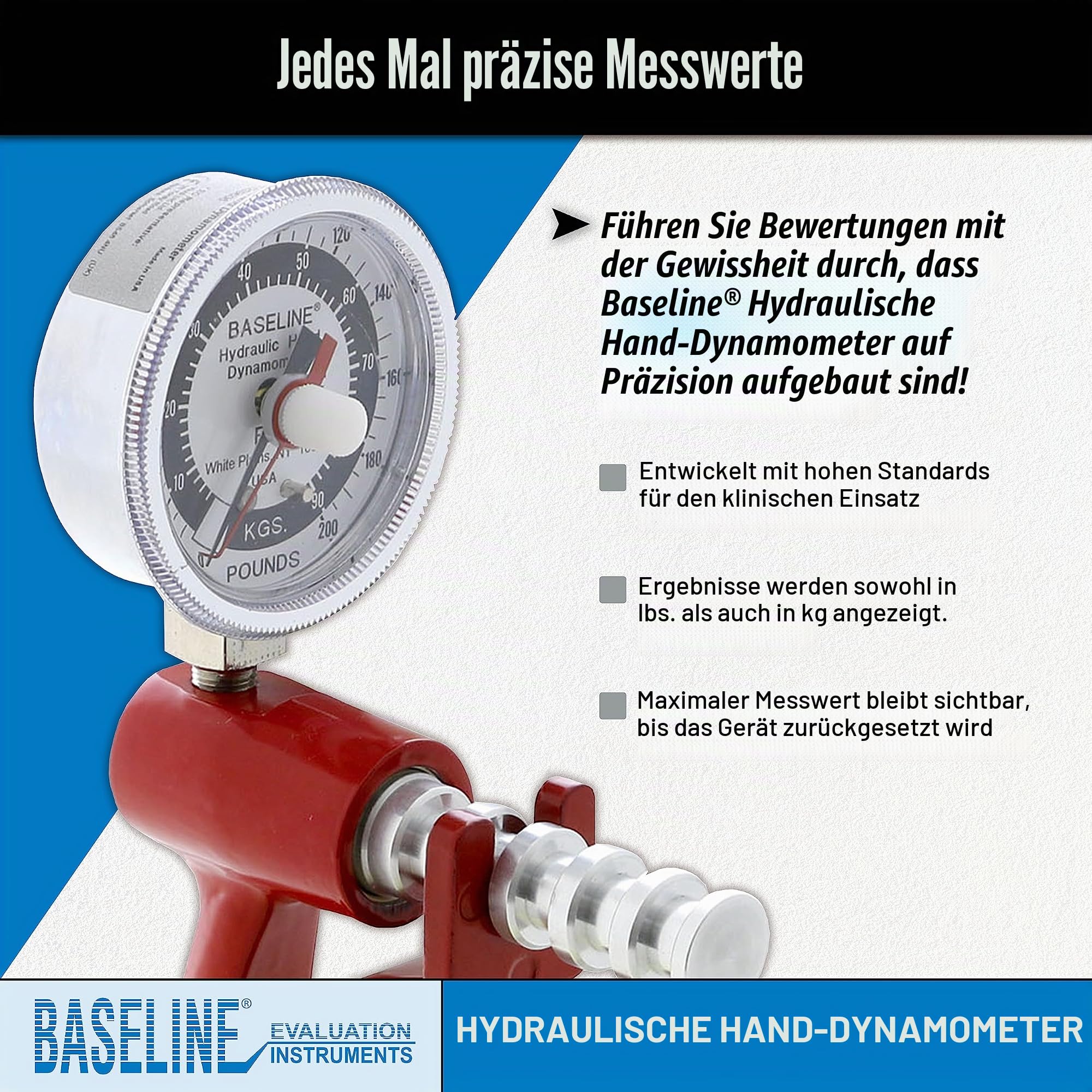 Baseline LiTE Hydraulisches Handdynamometer – Griffkraftmessgerät mit 90,7 kg Kapazität und 5-Positionen-Griff