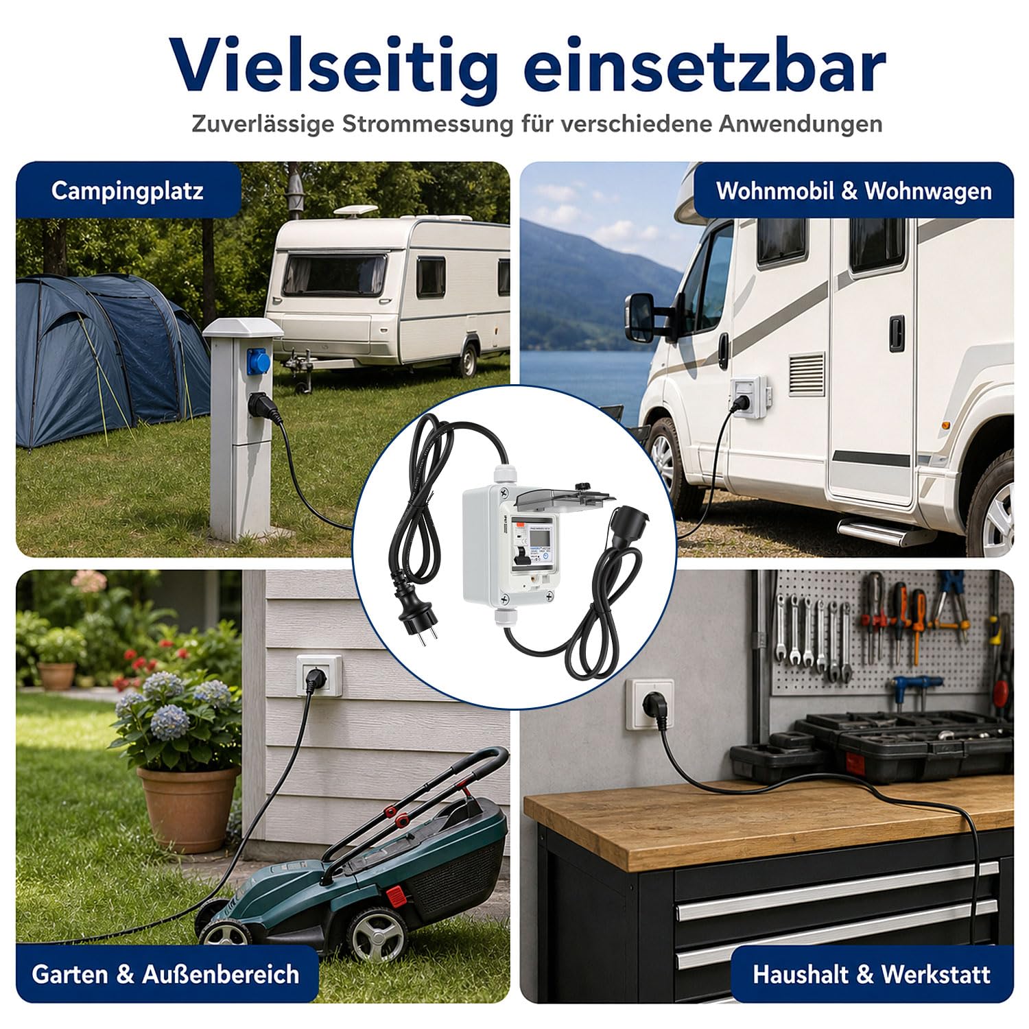Contatore di corrente mobile 230V 16A protezione FI Schuko per campeggio | Indicatore LED con funzione di memoria, pulsante di reset e cavo da 3 m per campeggio, garage e camper