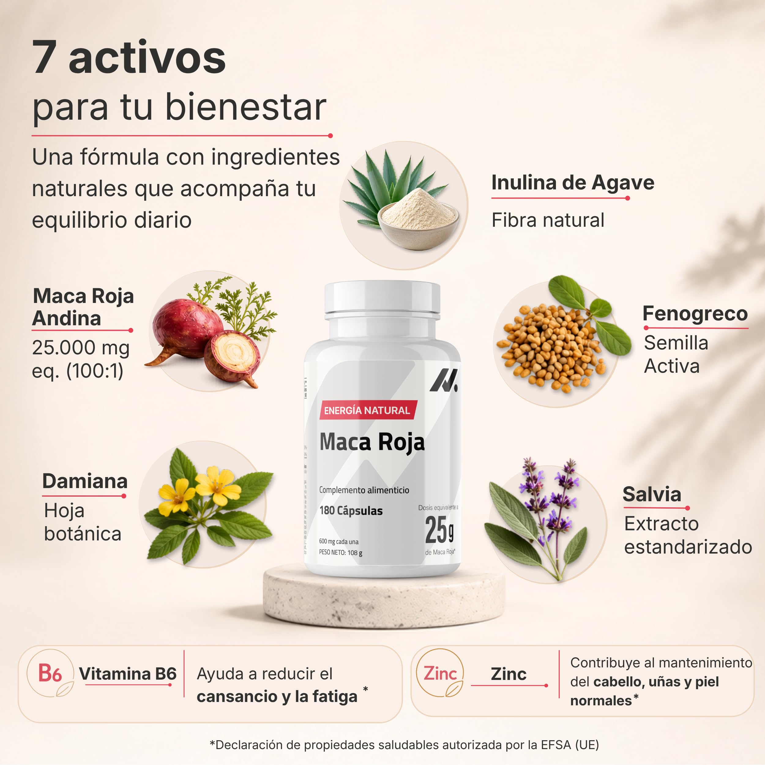 Maca Roja Mujer con Salvia, Fenogreco y Damiana - Apoyo Hormonal Femenino, Energía y Bienestar - 25.000 mg Equivalentes de Maca Roja en Polvo - 180 Cápsulas, 60 Dosis - Nyvos