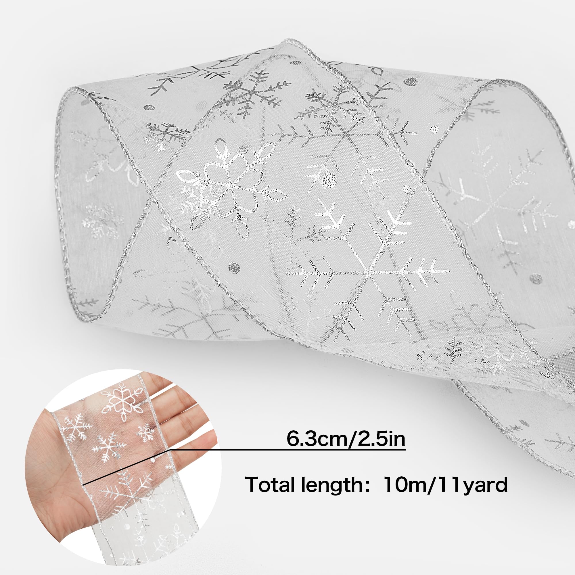 Christmas Ribbon,2.5 Inch x 11 Yards White Organza Ribbon,Glitter Snowflake Wired Ribbon for Christmas Tree Decoration, Gift Wrapping,DIY Crafts,Home Wedding Party Decoration - Image 3