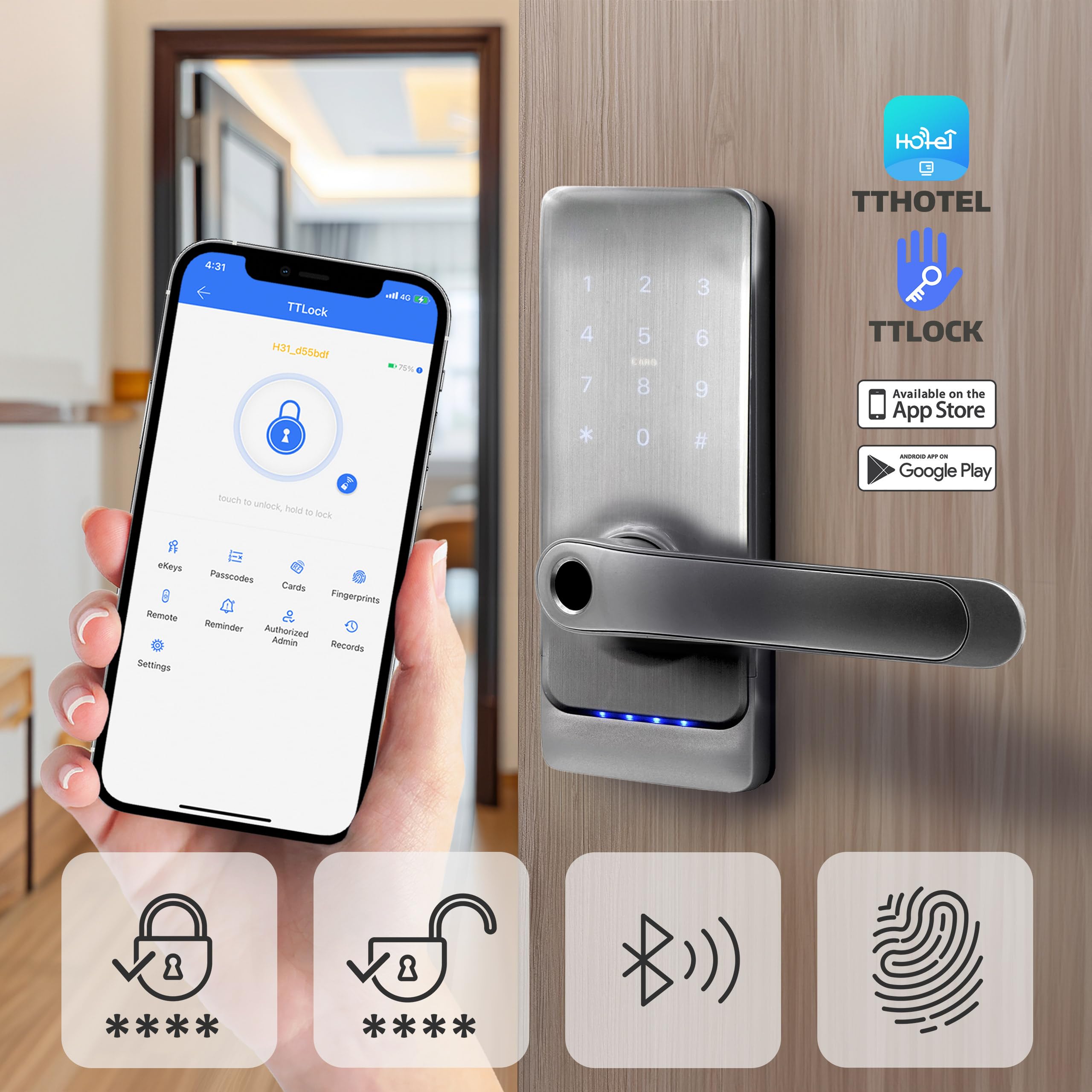 EURA ELH-01H4 Cerradura de puerta inteligente con manija Cerradura de código 13.56MHz Lector de proximidad lector biométrico IP65 Espaciado de cerrojo universal Plata