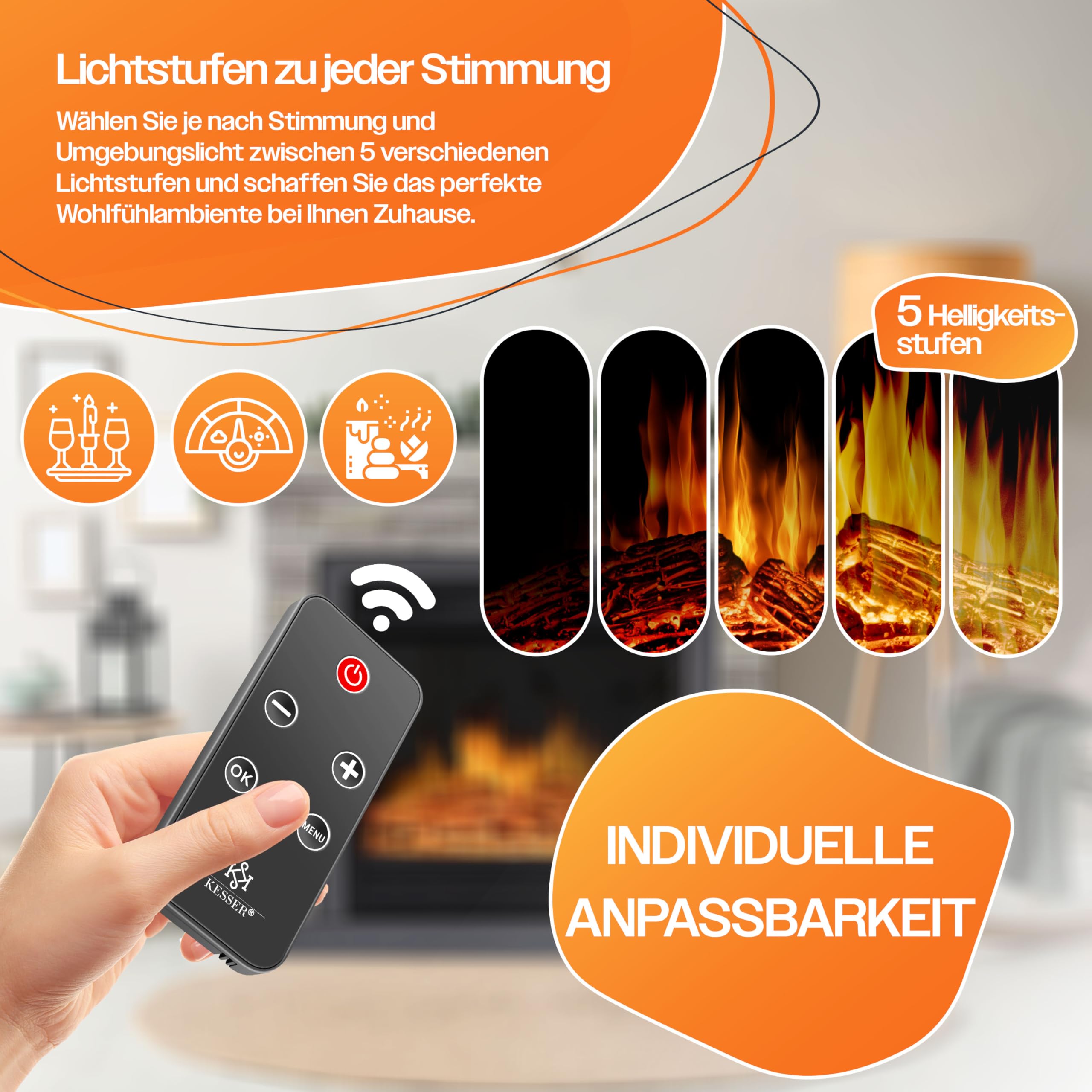 KESSER® Chimenea eléctrica - Chimenea eléctrica con Efecto de Llama LED 3D, con función de calefacción, Chimenea eléctrica con 1800W de Potencia, Temporizador semanal, Natural/Marrón