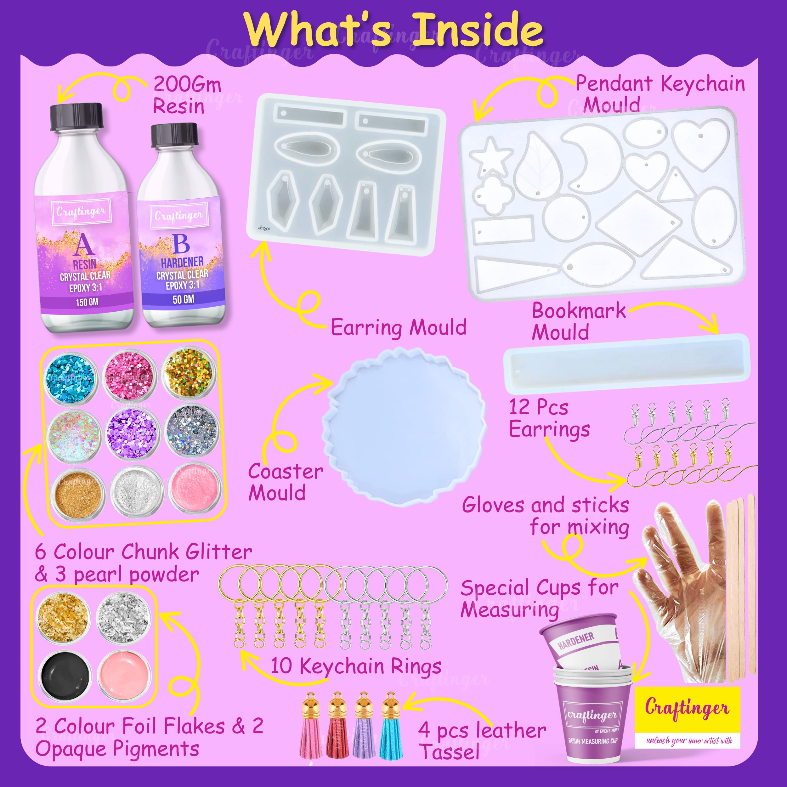 Craftinger Upgraded All in One Kit with 200gm Resin for Pendant Earring Keychain & Coaster, Multicolor