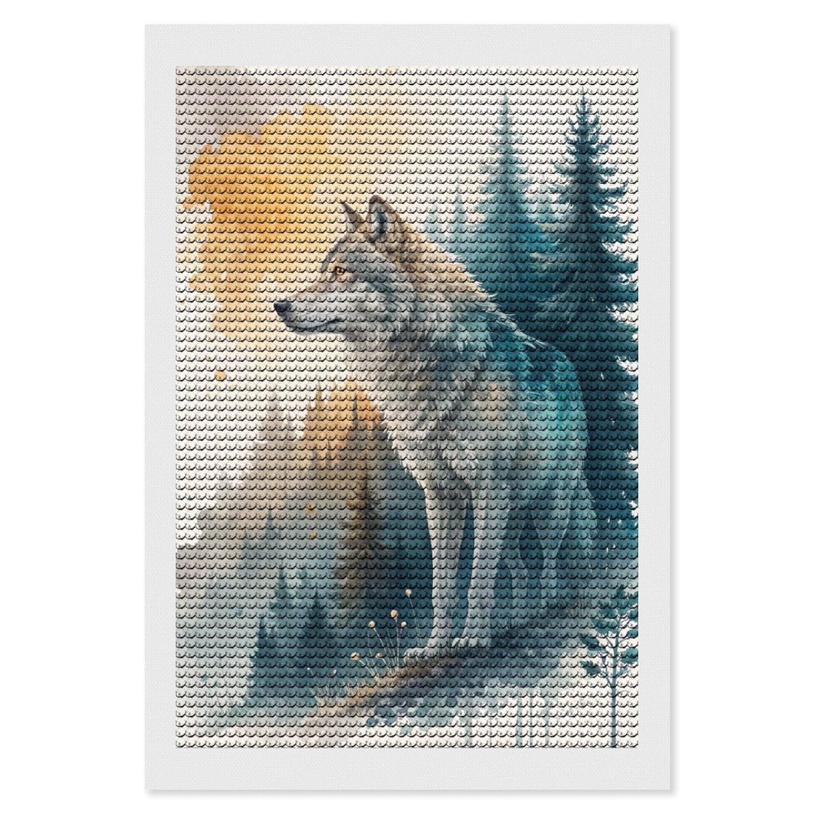 Junmoney Watercolor Wolf in Forest Landscape Crystal Diamond Art Kit 8"x12", Modern Decor, Boho Decor, Wall Art Gift, Decorative Artwork, Creative Hobby