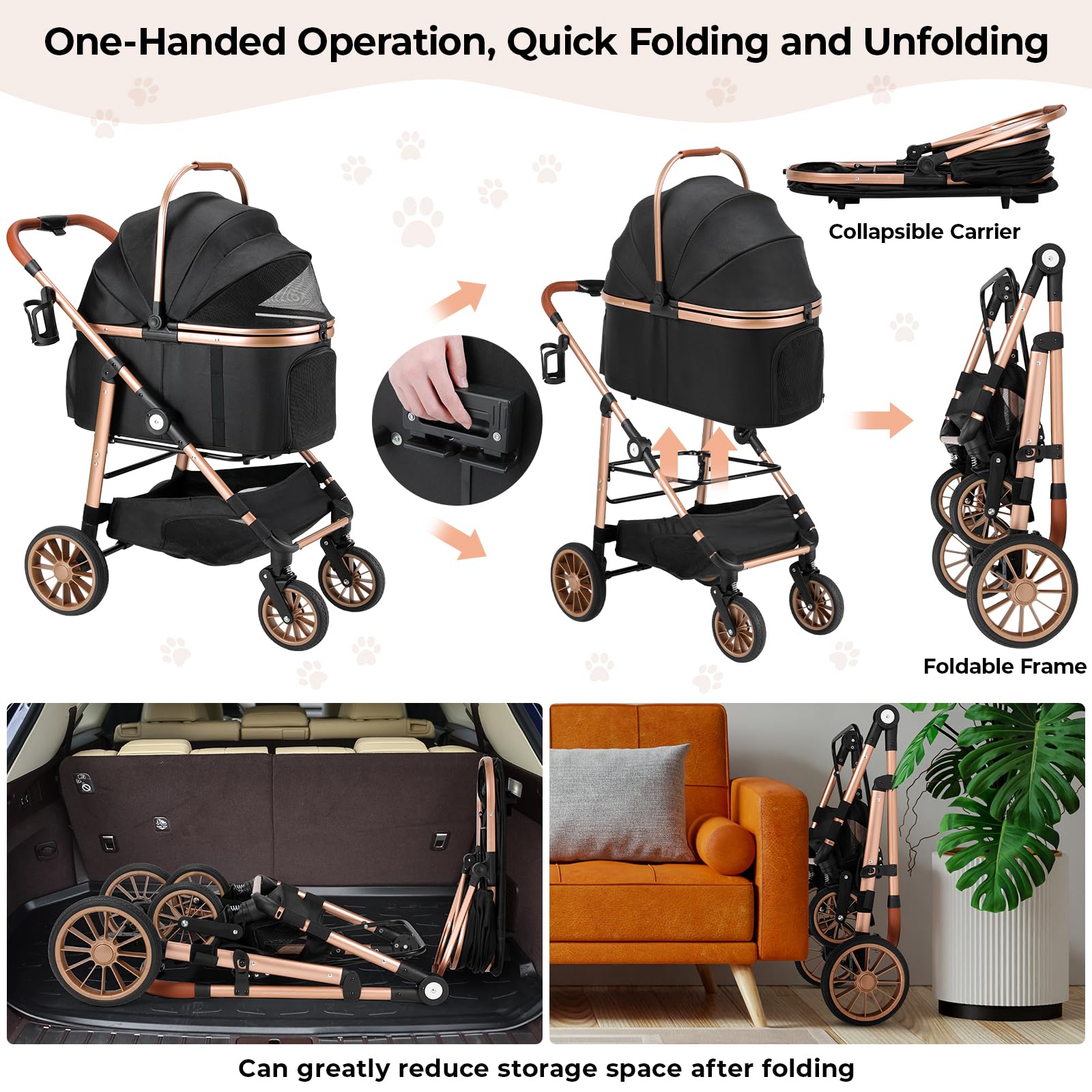 MAMIZO Passeggino per Cani 4 in 1, fino a 25 kg, passeggino per cani con 4 PCS ruote gomma 360° ammortizzate, Pieghevole, finestre a rete cinture sicurezza, borsa per il trasporto per cani, Nero