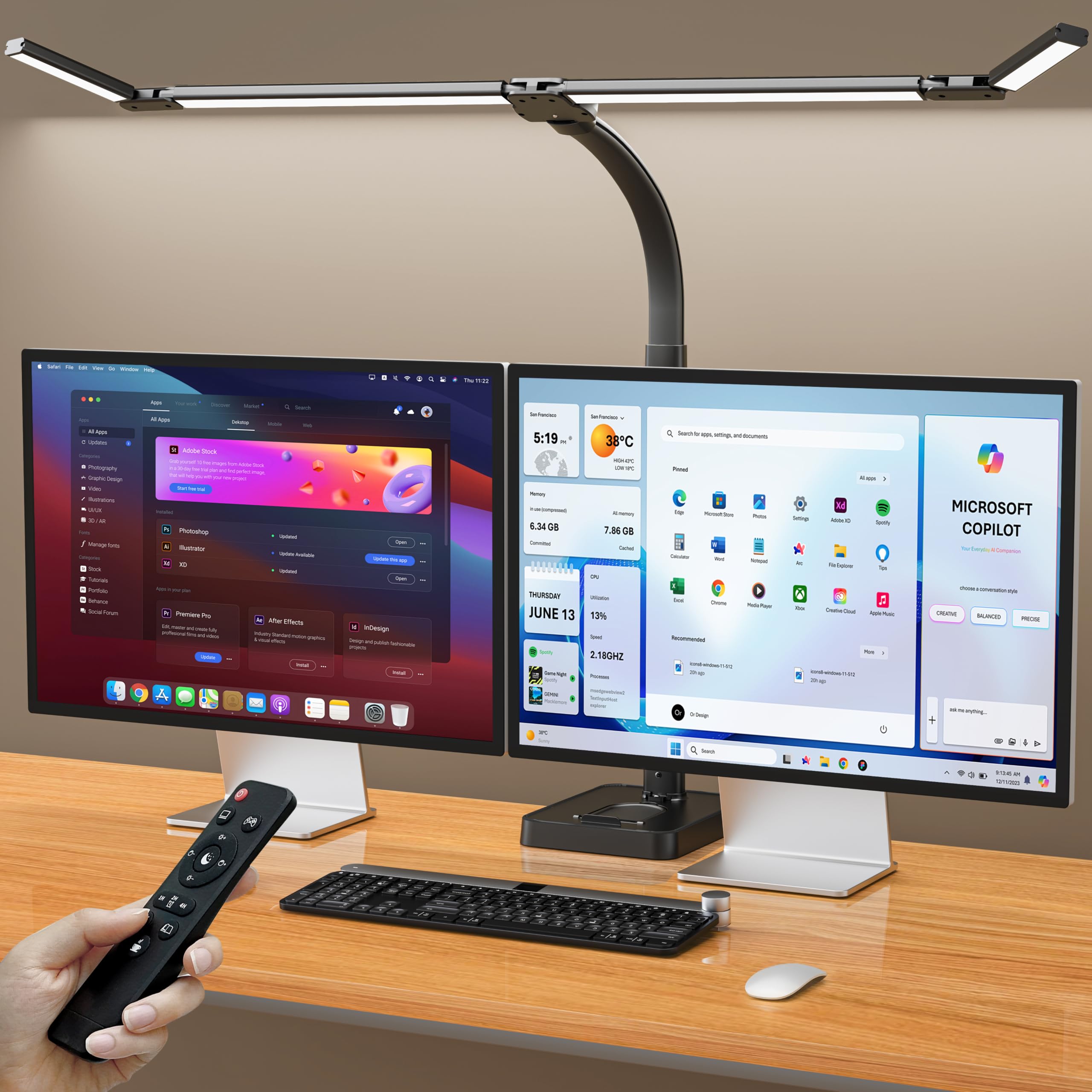 tantu Lampa biurkowa LED, ściemniana, 24 W, 80 cm, podwójna głowica, 5 kolorów i 5 poziomów jasności, lampa biurowa z trzonkiem (czarna)