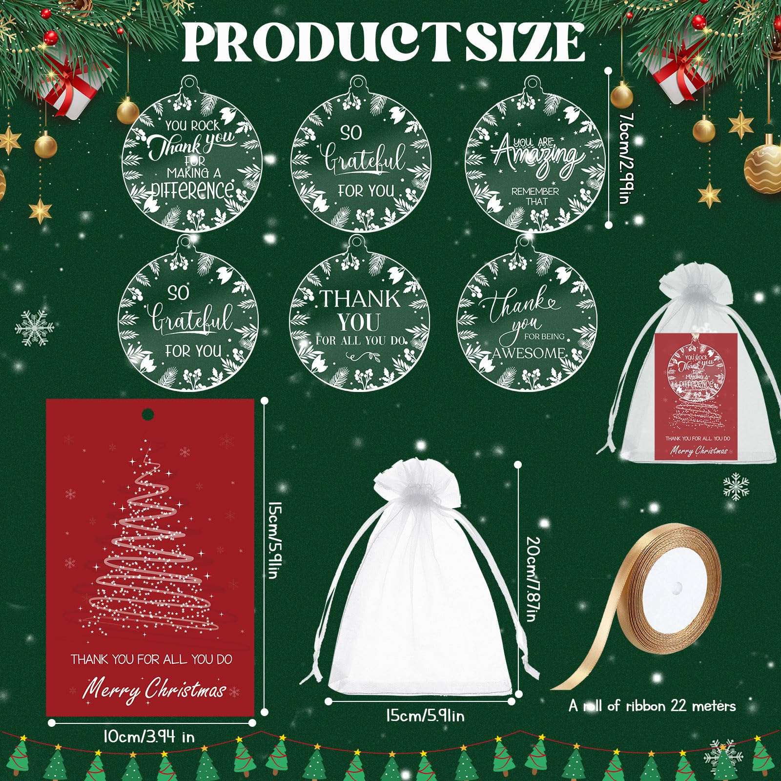 Nezyo 24 Sets Christmas Appreciation Gifts Acrylic Christmas Tree Ornaments Round Pendant Ornaments with Thank You Card Ribbon Mesh Bag Xmas Tree Decoration Thank You Gifts for Employee(Classic) - Image 4