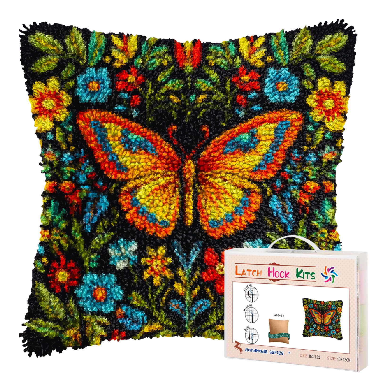 DIY Latch Hook Pillow Kits Vintage Butterfly Flowers Printed Pillowcase Crochet Yarns Hooking Handmade Pillow Cover Cushion for Home Sofa Decoration