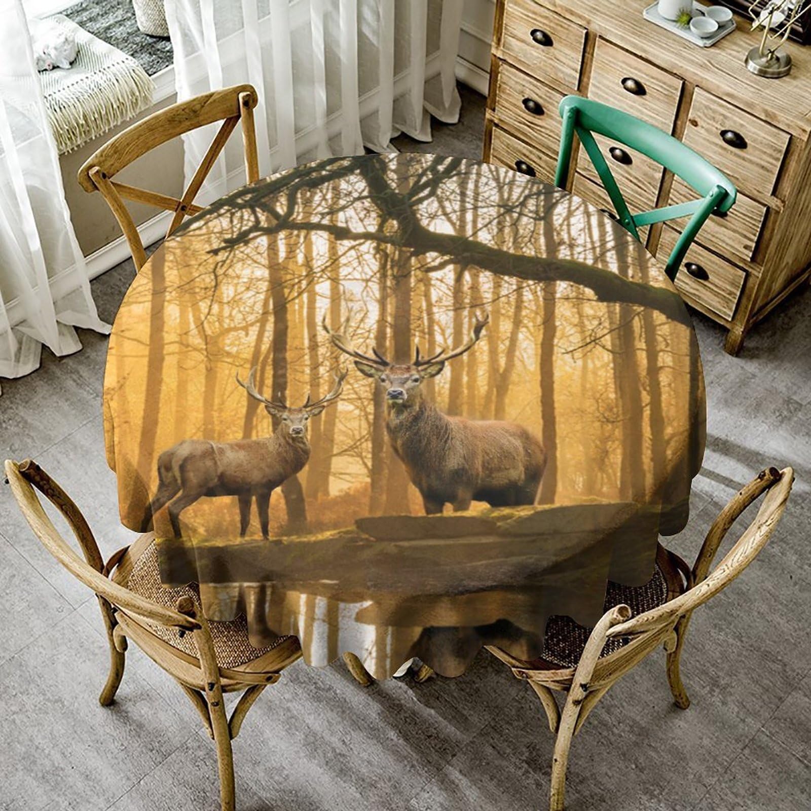 COALHO Nappe Ronde En Polyester Rustique Sur Le Thème De La Chasse - Style Rustique - Motif Cerf
