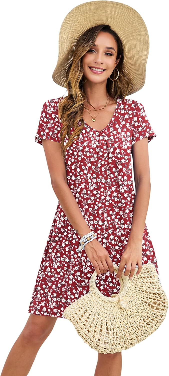 PLOKNRD Women's Casual Dress T-Shirt Summer Short Sleeve V Neck Chest Pleats Swing Dresses with Pockets 2025 - Image 5