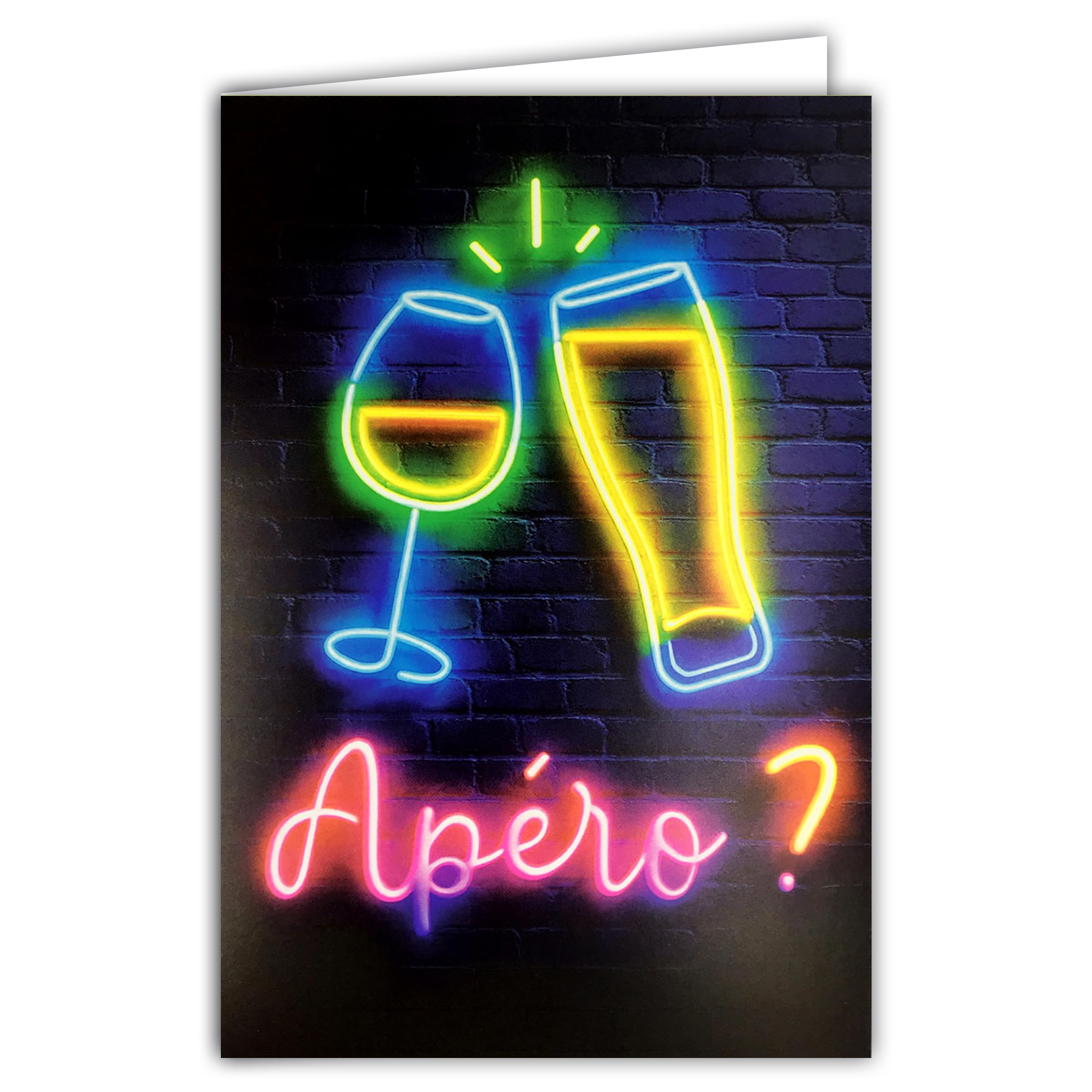 69-8121 Neon Aperitif Text Card with Envelope 12 x 17.5 cm – Beer and Wine Good Health Congratulations Aperitif White Interior for Writing – Real Fluorescent Inks – Created and Made in France