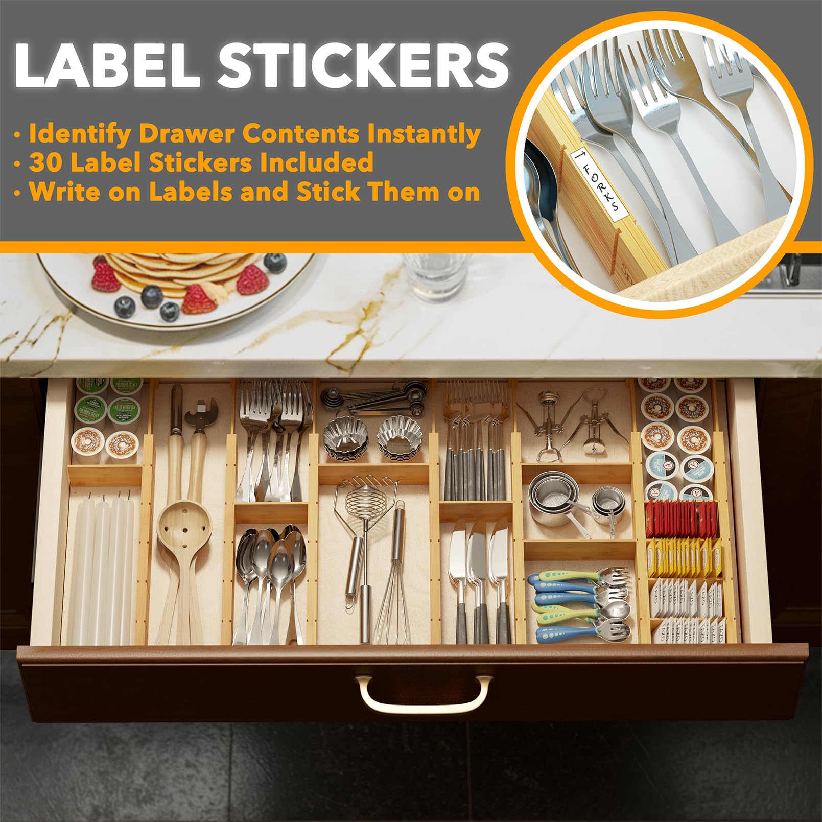 SpaceAid Divisori per cassetti in bambù con inserti ed etichette, organizer regolabili per cassetti da cucina, organizzazione espandibile per casa, ufficio, cassettiere, 7 divisori con 15 inserti