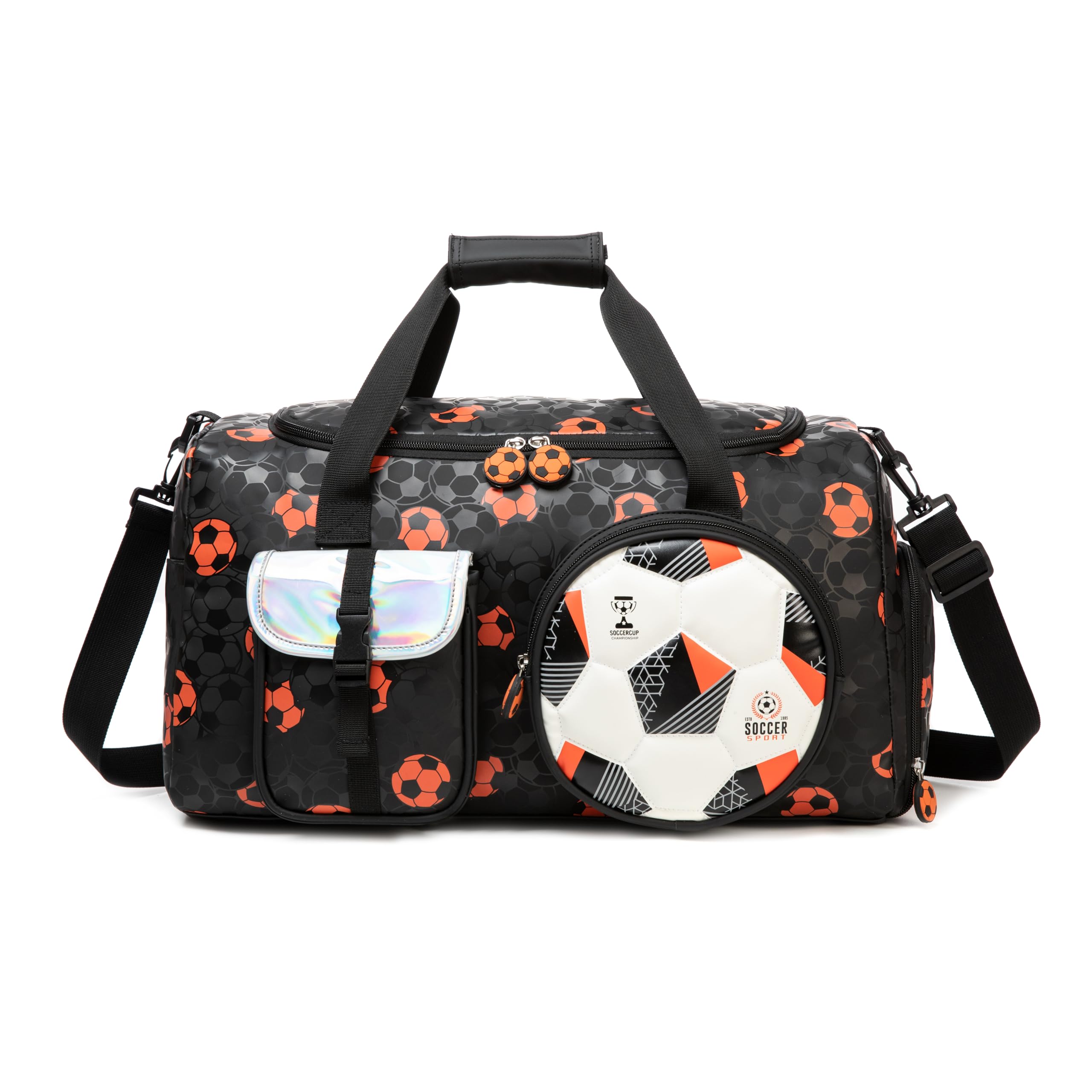 HTgroce Girls' Sports Bag Swimming Bag Travel Weekend Beach Football Gym with Compartment Shoes, Black Football, 50.8 cm x 27.9 cm x 20.8 cm, Travel Bags