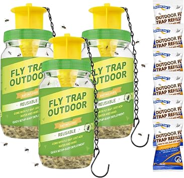 3 Pack Reusable Fly Traps Outdoor with 6 Fly Bait Refill