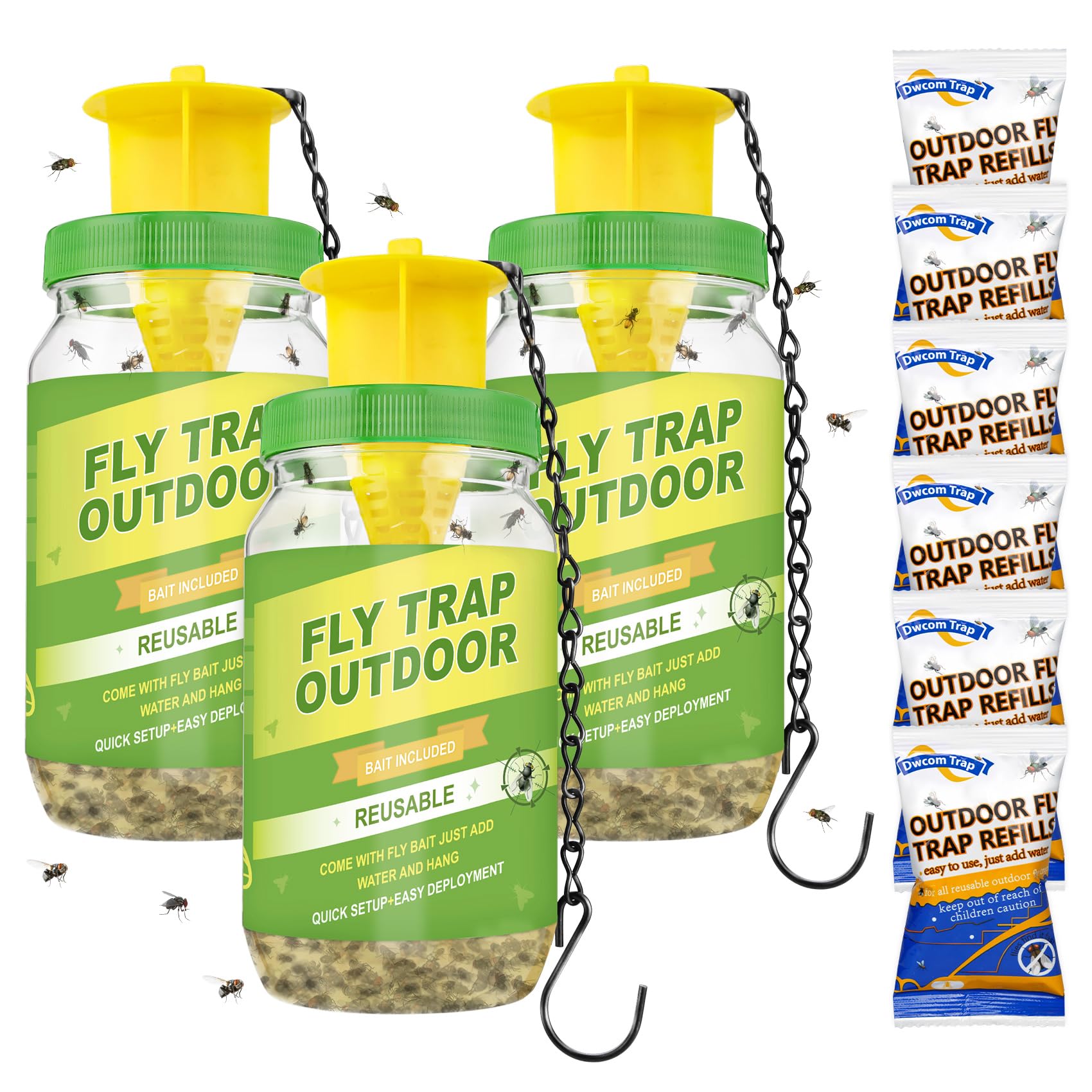 Dwcom 3 Pack Reusable Fly Traps Outdoor with 6 Bait Refills