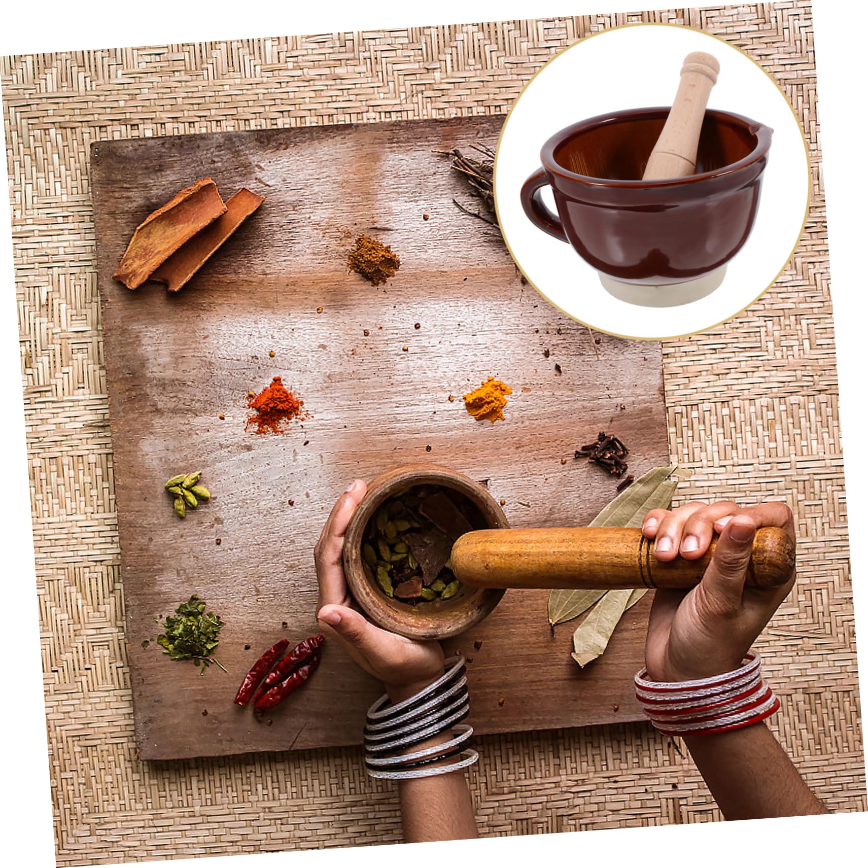 SOLUSTRE 2sätze Manueller Holzknoblauchstampfer Mit Schüssel Praktisches Küchengerät Für Mahlen Von Knoblauch Gewürzen Und Kräutern Einfache Reinigung Und Handhabung Langlebig Und