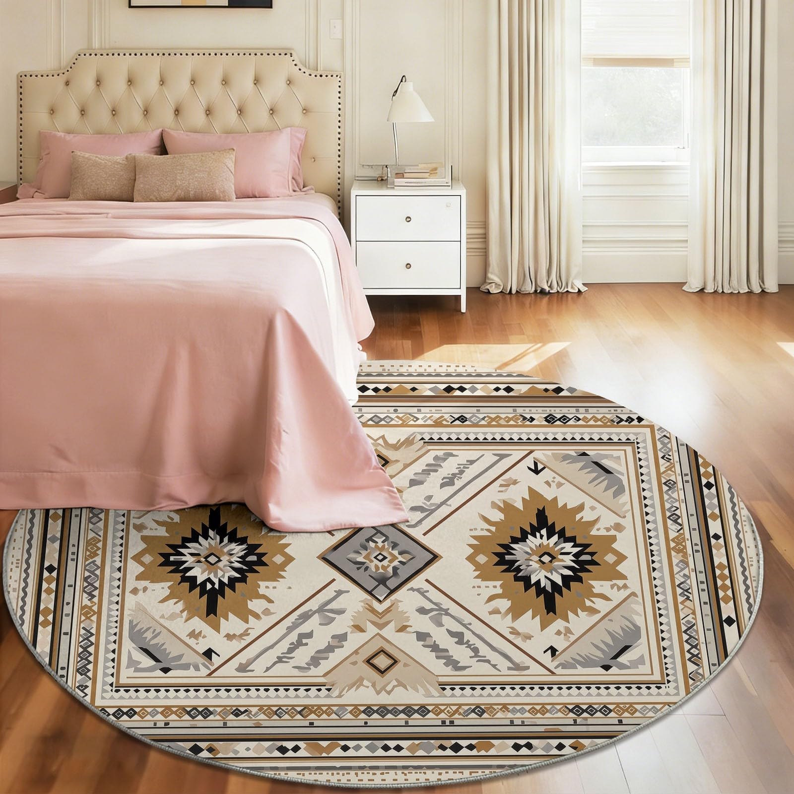 Tapis Rond Salon Ethnique Marocain, Tapis de Sol Totem Classique Géométrique Motif Antidérapant pour Salon Chambre Terrasse Salle à Manger de Lit Interieur Doux Poil Ras Tapise (150 cm, Beige)
