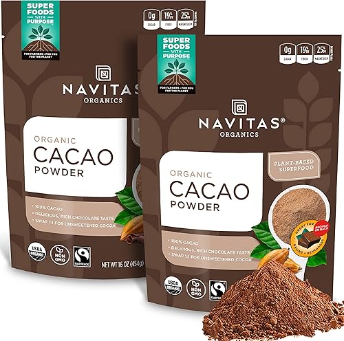 Navitas Organics Cacao en polvo, bolsas de 16 onzas (paquete de 2) — Orgánico, sin OMG, comercio justo, sin gluten (19-002)