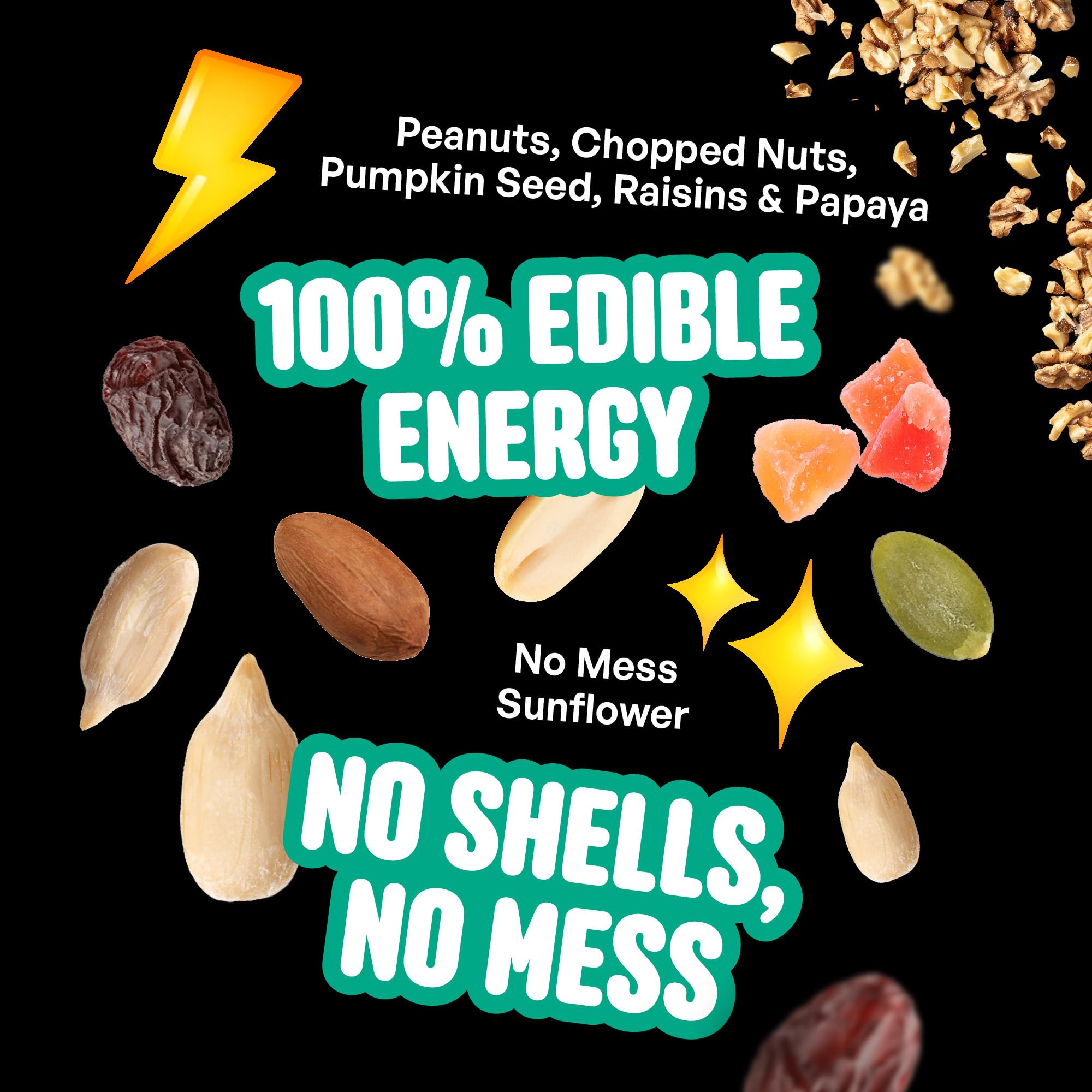Cool Birds No Mess with Fruit Birdbird Semilla - 4,5 kg - Mezcla 100% Comestible sin cáscara con Corazones de Girasol, Cacahuetes, nueces de árbol, Semillas de Calabaza y Frutas Reales - sin