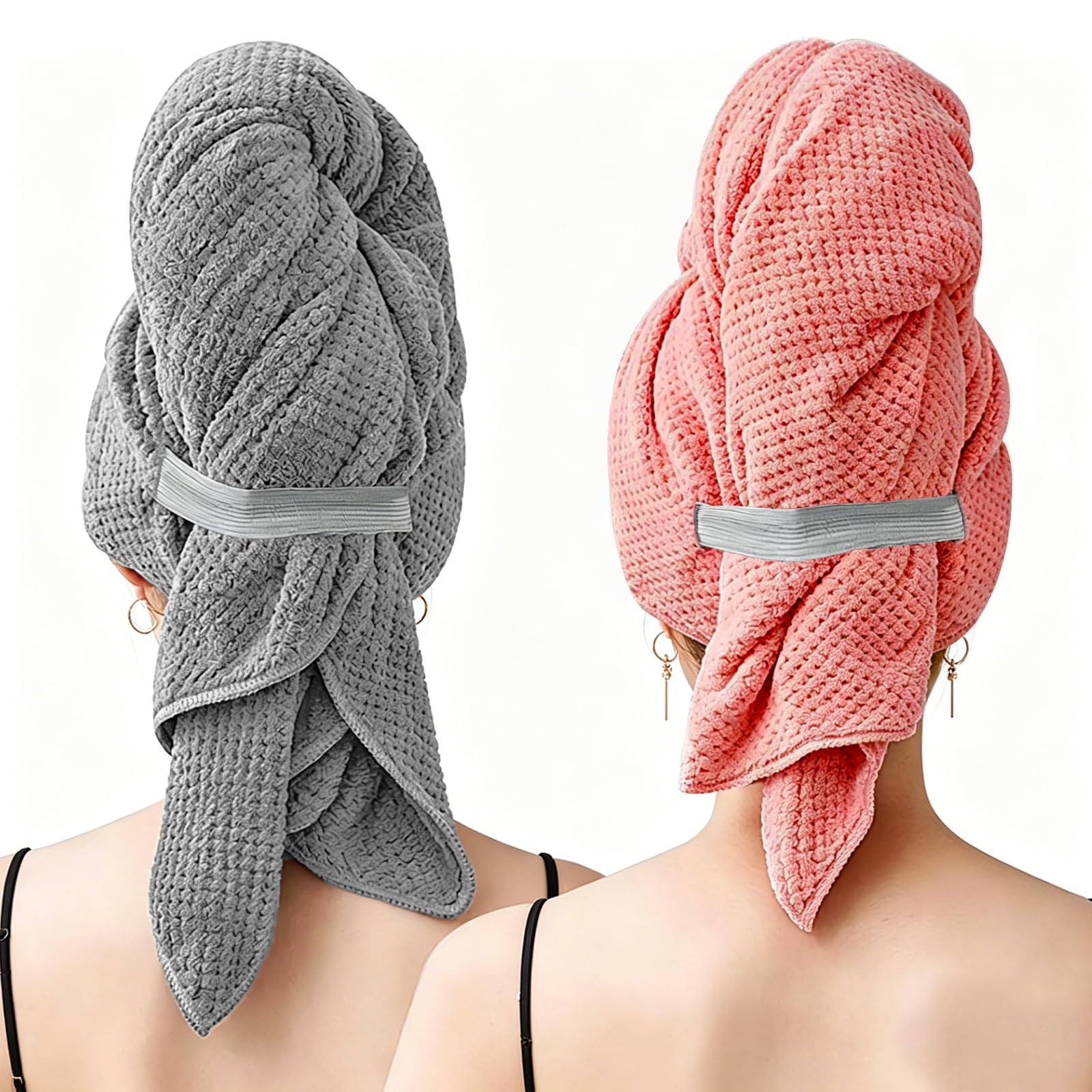 AOOWU Asciugamano Capelli in Microfibra con Texture Waffle, 2 Pezzi Turbante Capelli Morbido con 2 Fascia Elastica, Turbante Asciugacapelli Capelli Super Assorbente, per Donna Capelli Lunghi Ricci