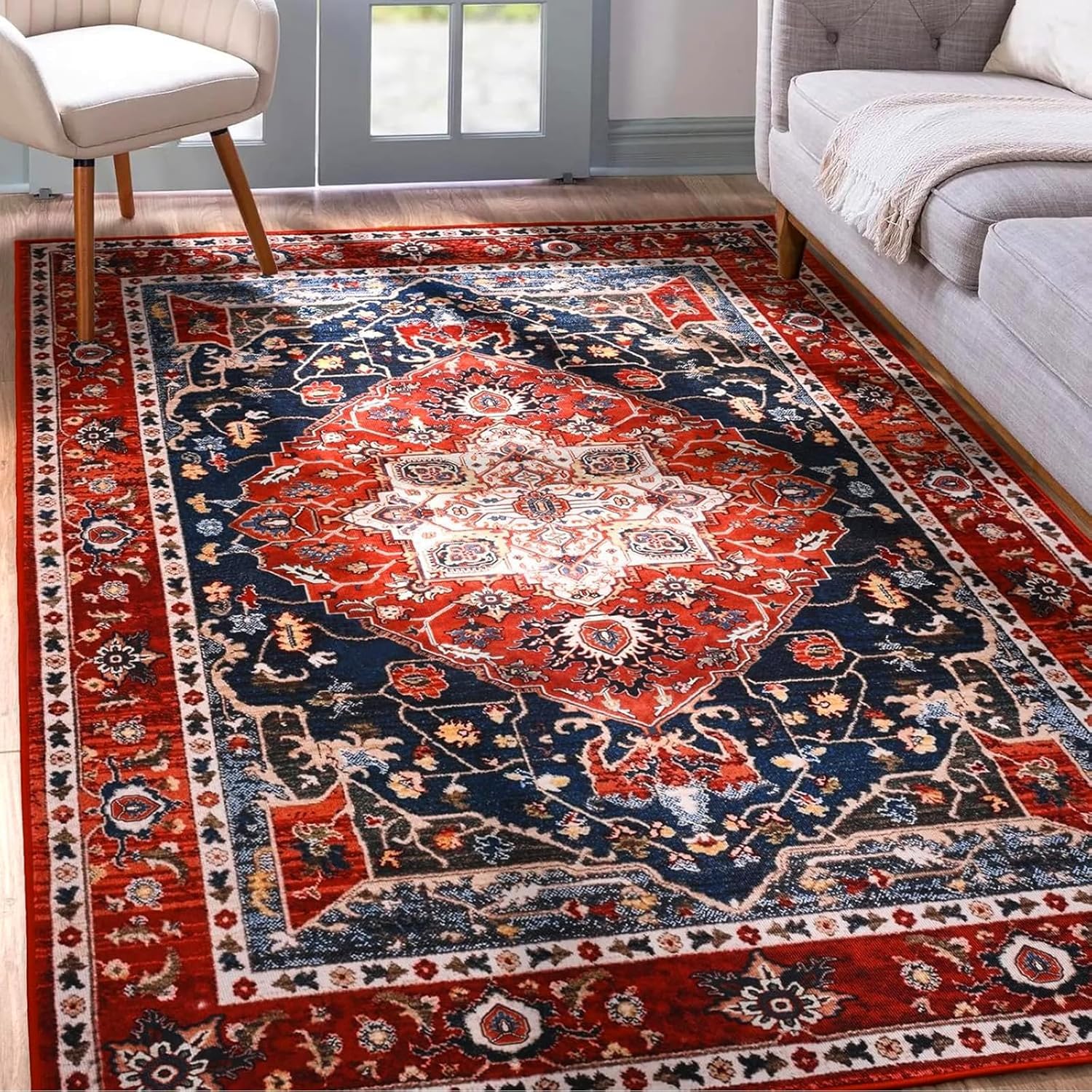 YJ.GWL Area Rug for Living Room, 4x6 Machine Washable Boho Rug for Bedroom, Low Pile Lightweight Thin Rugs Floral Vintage Distress Print Pattern Carpet for Dining Room, Red