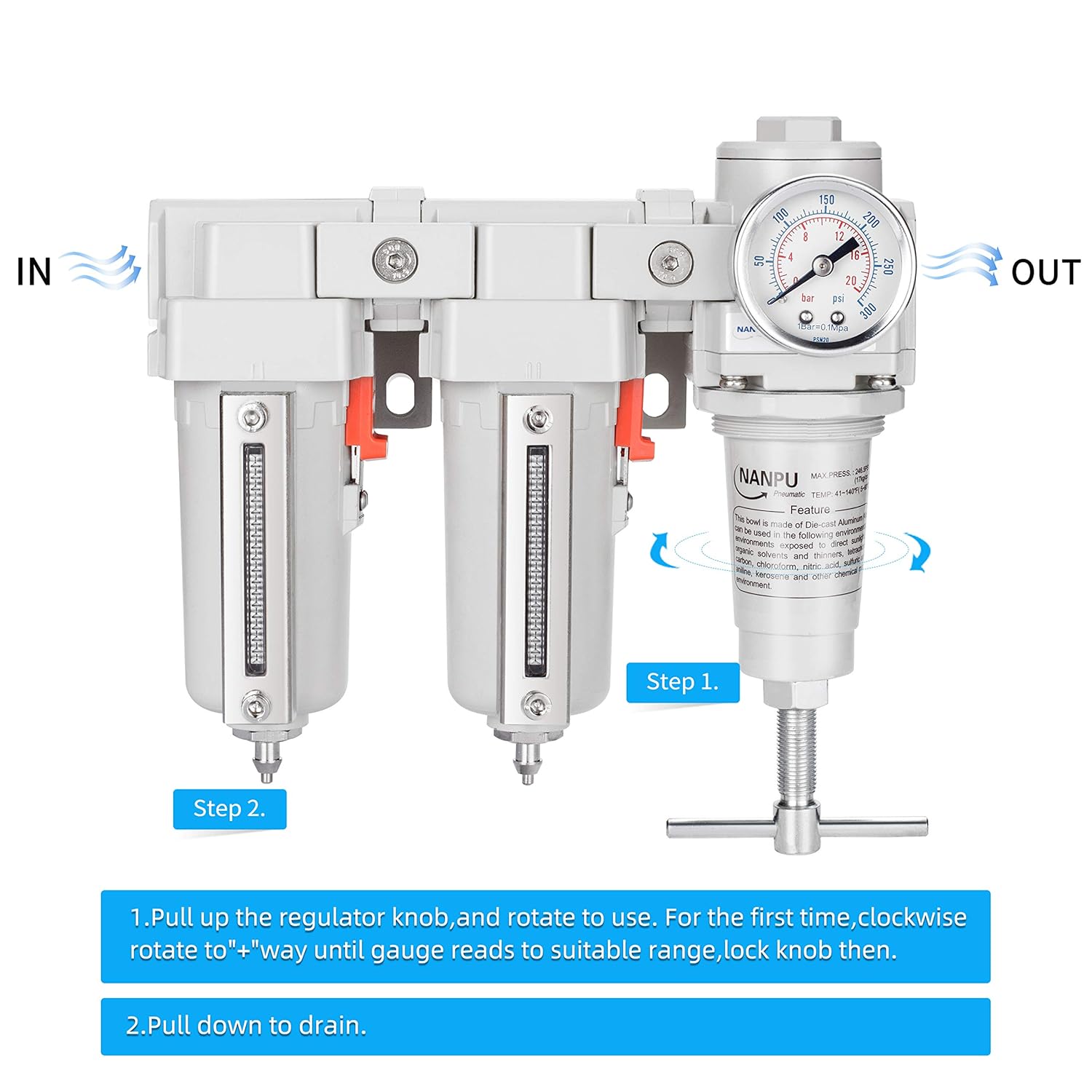 NANPU 3/8" NPT T-Handle High Pressure Air Drying System - Double 5 Micron Particulate Filter & Air Pressure Regulator Piston Combo, Semi-Auto Drain＆Gauge