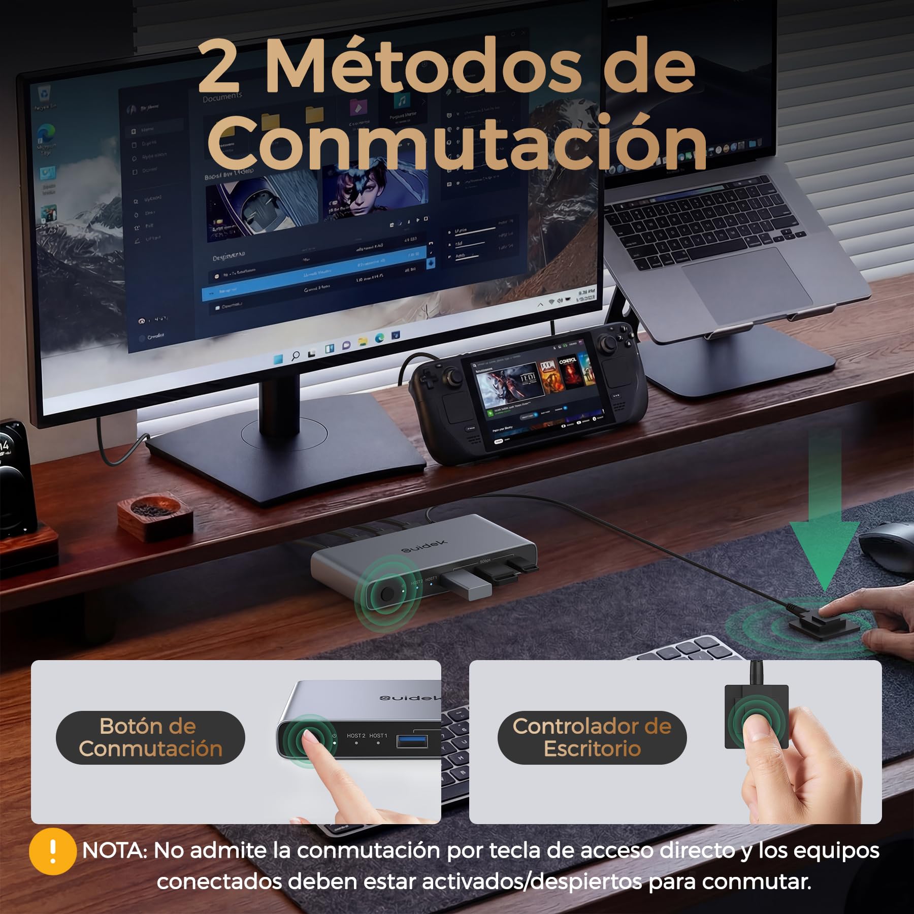 USB-C KVM Switch para 2 Ordenadores y 1 Monitor (4K@60Hz), Conmutador KVM con 2 Puertos USB A y 1 Puerto USB C, para Compartir 1 Monitor/Teclado/Ratón entre 2 Consolas u Ordenadores, Carga PD 100W