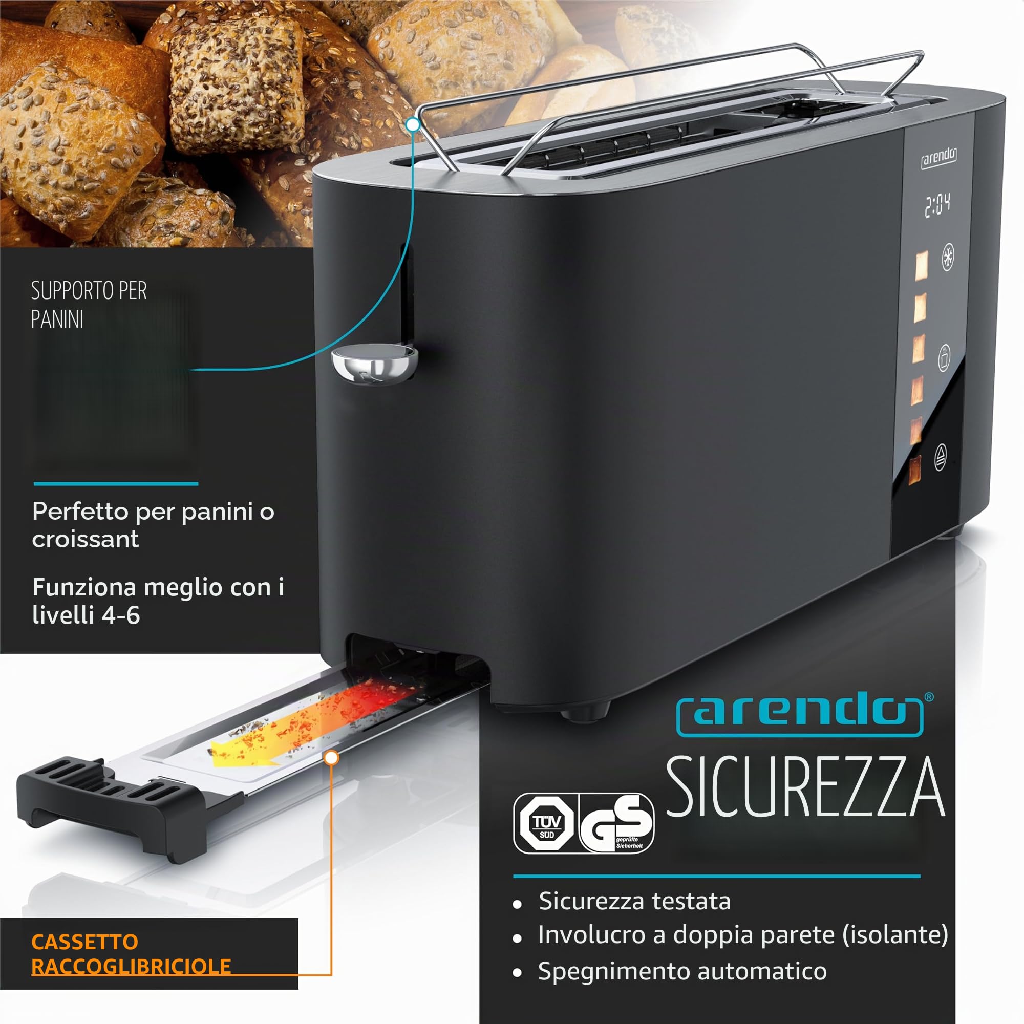 Arendo - Tostapane in acciaio inox con 2 fette a fessura lunga - touch screen - alloggiamento a doppia parete - supporto per panini integrato - 6 gradi di doratura - centraggio del pane