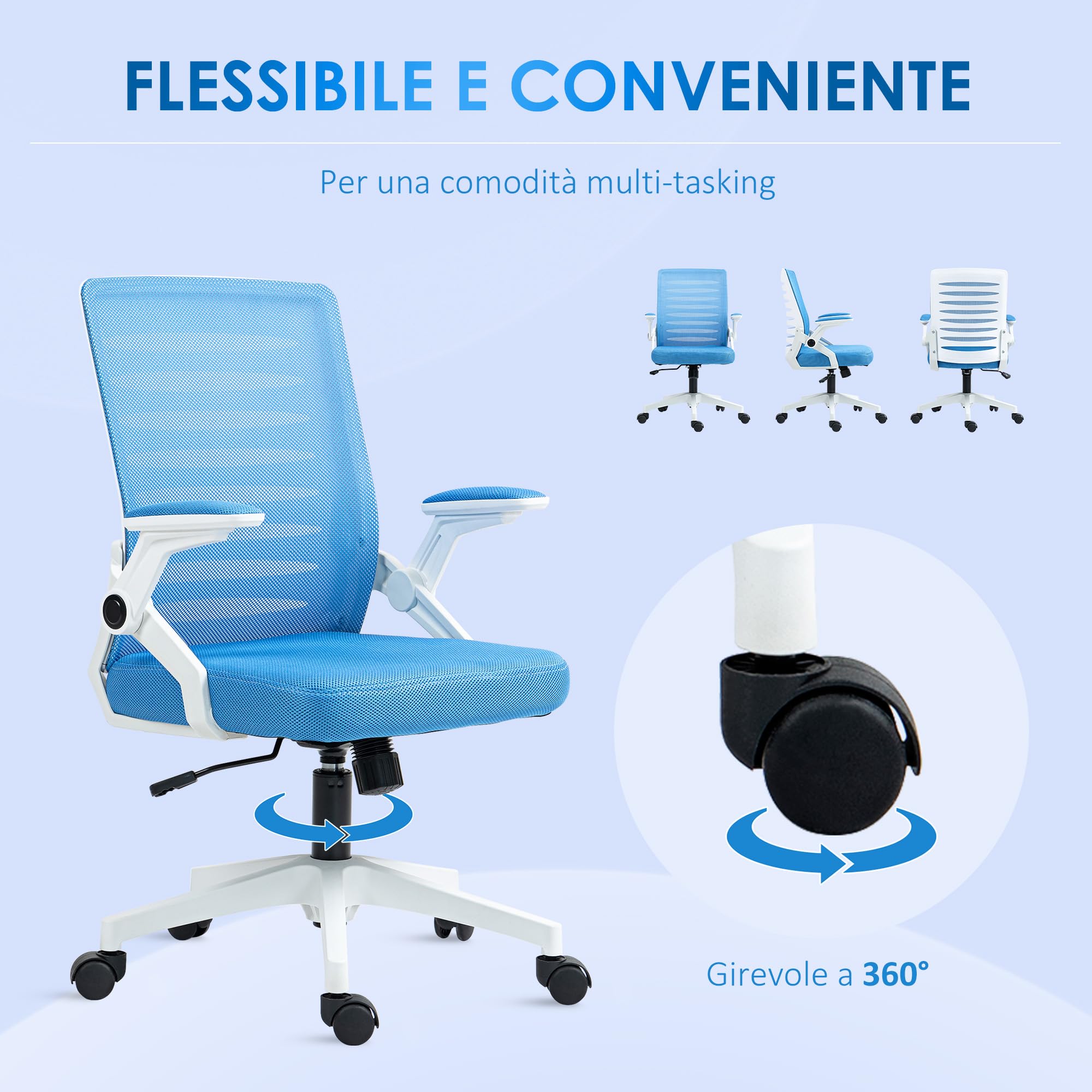 Vinsetto Sedia Ergonomica Ufficio Girevole 54x54x89-99 cm Bianca e Azzurra