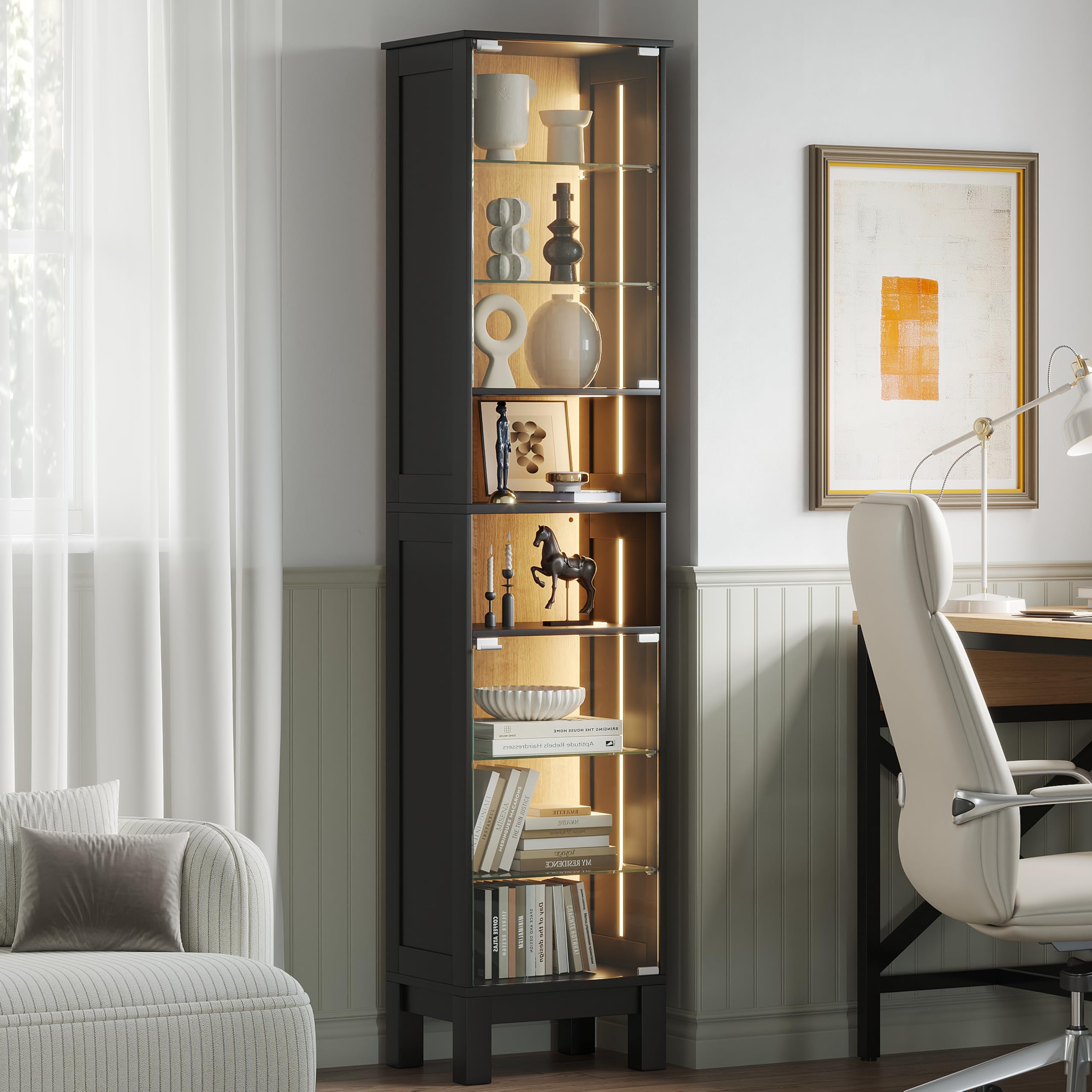 ZKIODV 180cm Vitrina de Cristal LED, Estrecha Armario Vitrina con 8 Estantes, Puerta de Vidrio Templado, Balda Ajustable y Desmontable, Moderna Vitrina para Salón Baño (Negro)