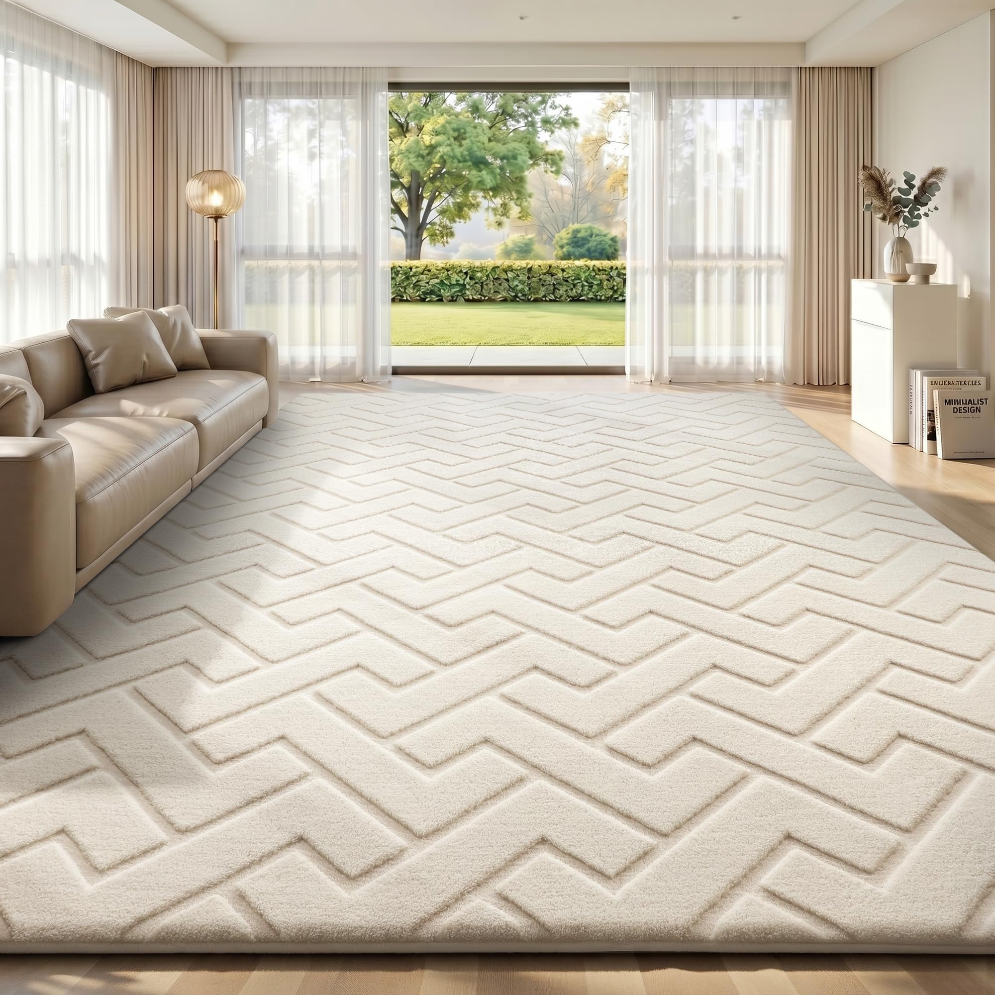Treeboy Rugs Living Room Area Rugs 200x300cm - Cream 3D Z-Shaped Pattern Soft Fluffy Carpet, Extra Large Machine Washable Non-Slip Short Pile Rug for Bedroom Dining Room Kids Room