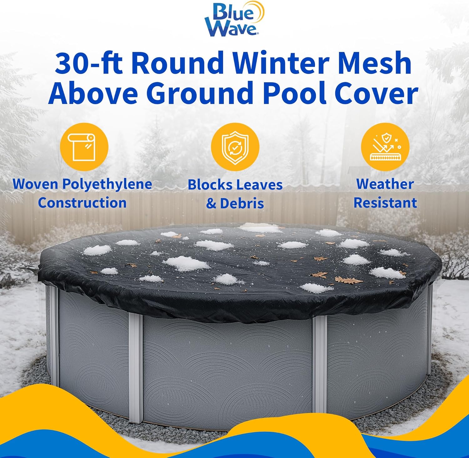 Blue Wave Rugged Mesh 30 ft 8-Year Above Ground Pool Cover for Winter – Fine Mesh Debris Barrier – 4 ft Overlap, Reinforced Grommets, Vinyl-Coated Cable, Metal Winch – Black Finish - BWC612