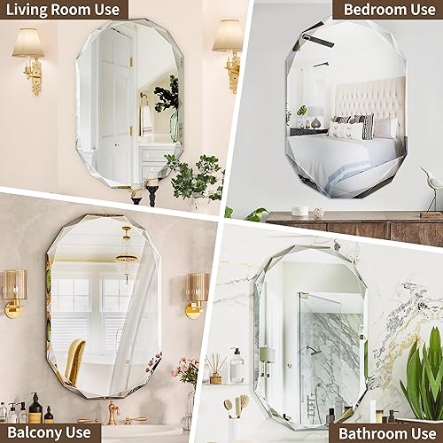 Miniatura 7 de Suidia Espejo de pared redondo de 30 pulgadas, espejo de baño sin marco con borde de diamante, espejo de borde biselado irregular, espejo sin marco