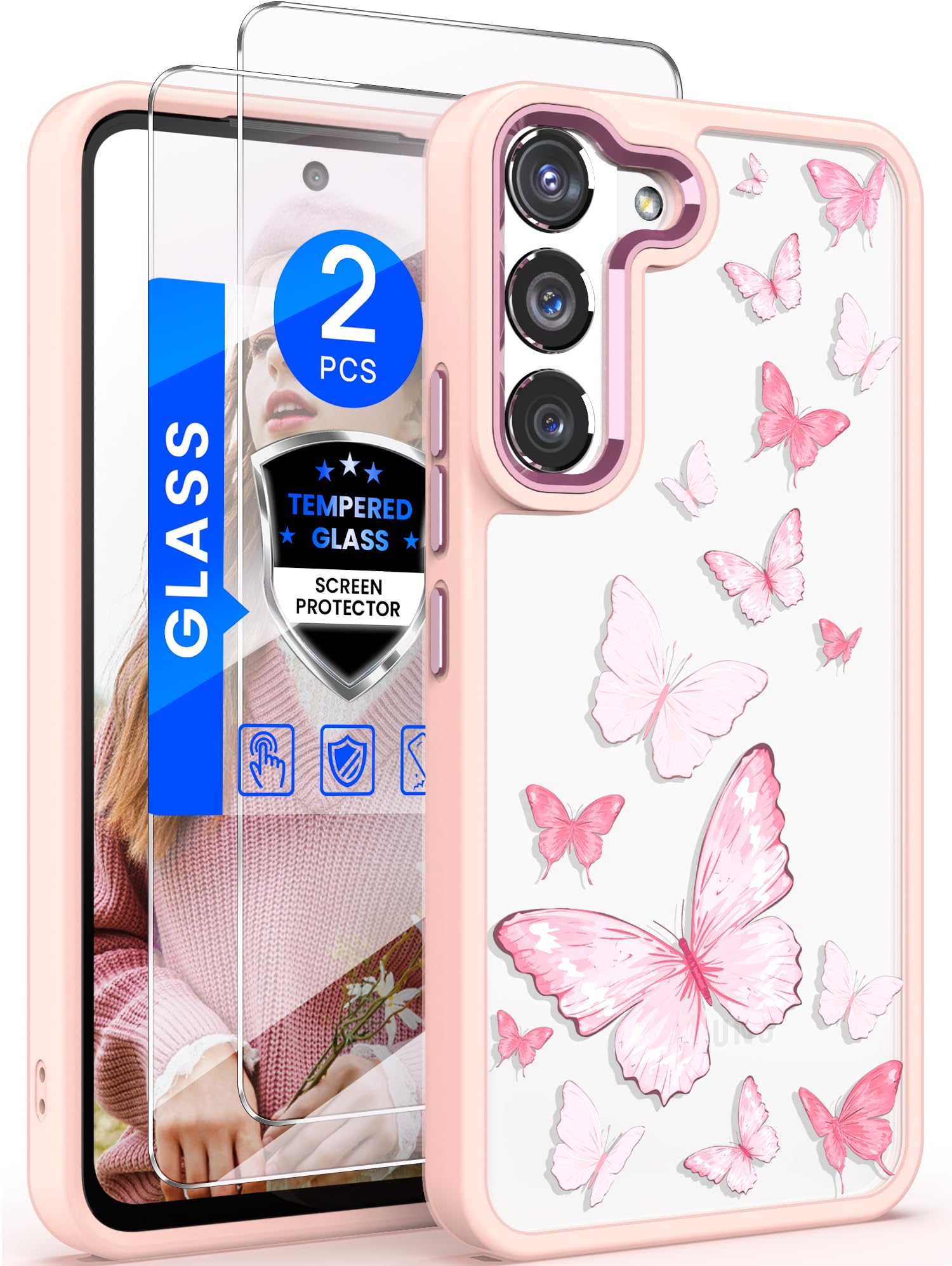 Dretal for Samsung Galaxy S22 Case Floral,Military Grade Drop Tested Hard Back & Soft Edge Slim Flower Women Girls Phone Protective Cover + Tempered