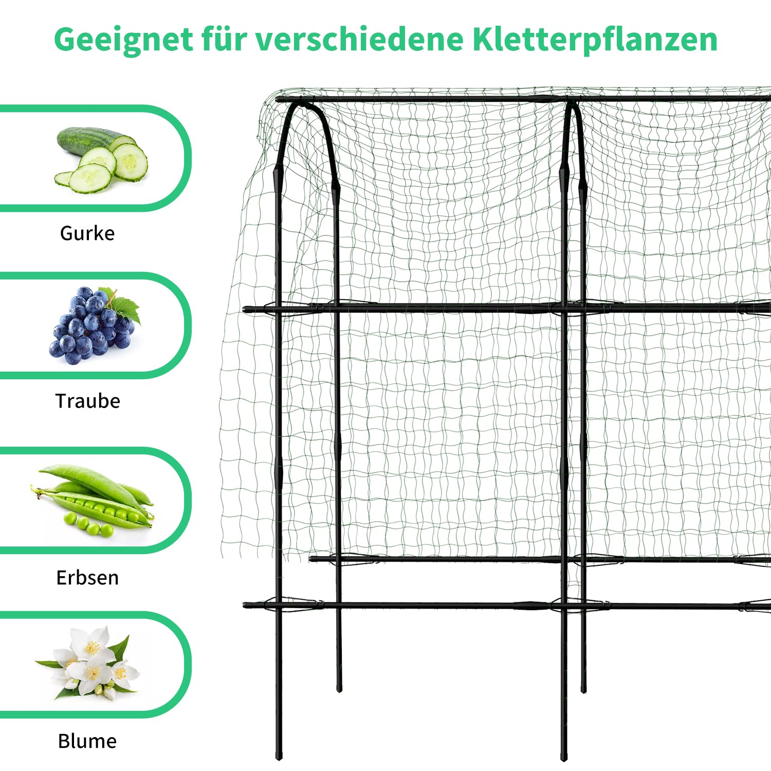 SUNYRISY Große Gurken Rankhilfe, Gartenbogen für Kletterpflanzen Rankhilfen, 220cm Hoher PE Beschichtete Metall Rankgitter mit Ranknetz, Rankbogen Rankgitter für Gurke, Blumen, Erbsen