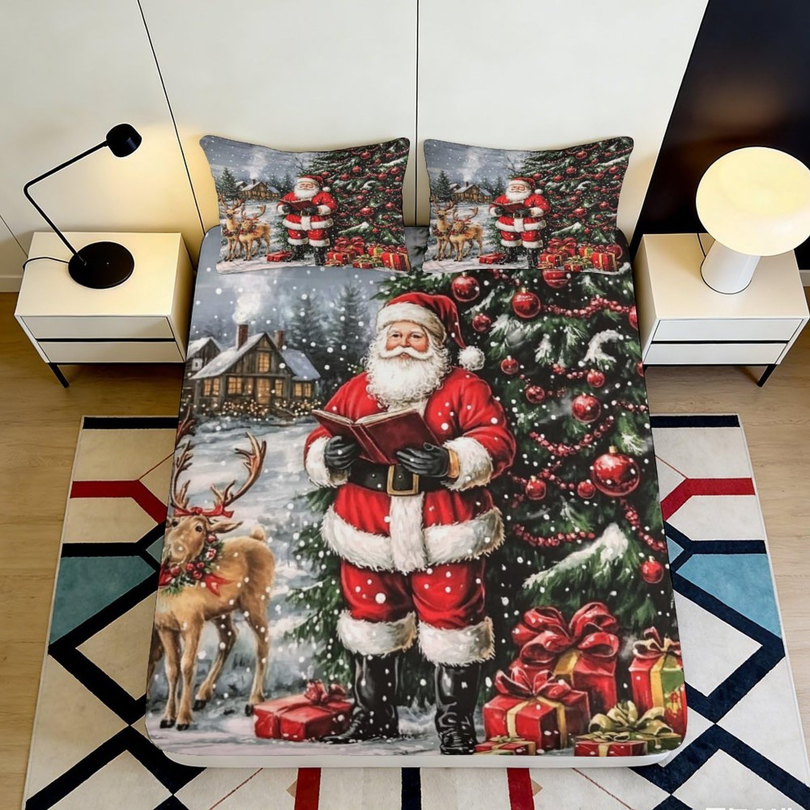 Jqzkxnhpbr Style-7 3D Printed Christmas Santa Fitted Sheet Microfiber Soft Reindeer Tree Mattress Cover For Bedroom Guest Room Decor 90X200x25cm