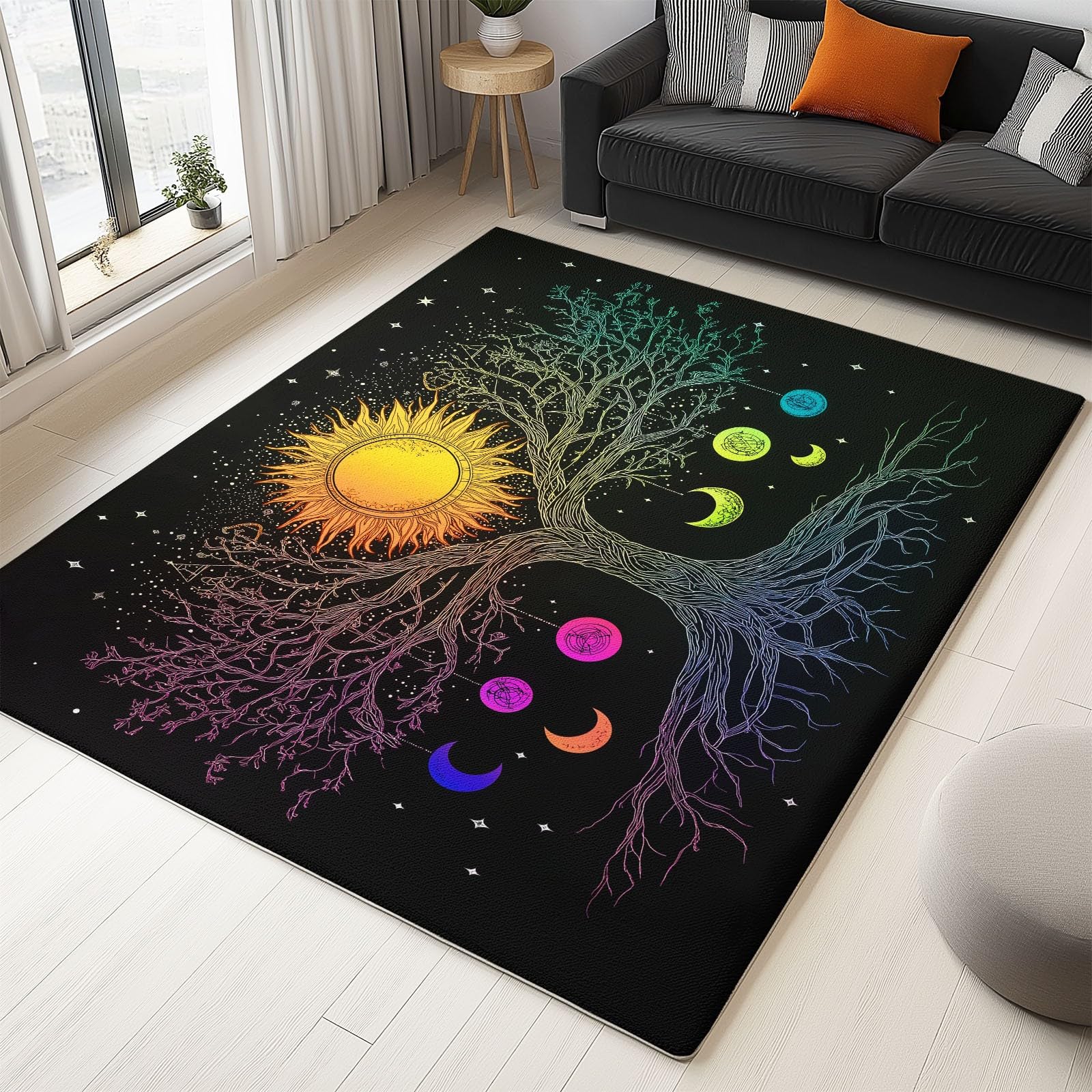 160 x 230 cm Dywan można prać w pralce, tajemnicze, gwiaździste niebo, rośliny, drzewa, bezpieczny antypoślizgowy dywanik flanelowy do pokoju dziecięcego, salonu i łazienki - łatwy do czyszczenia