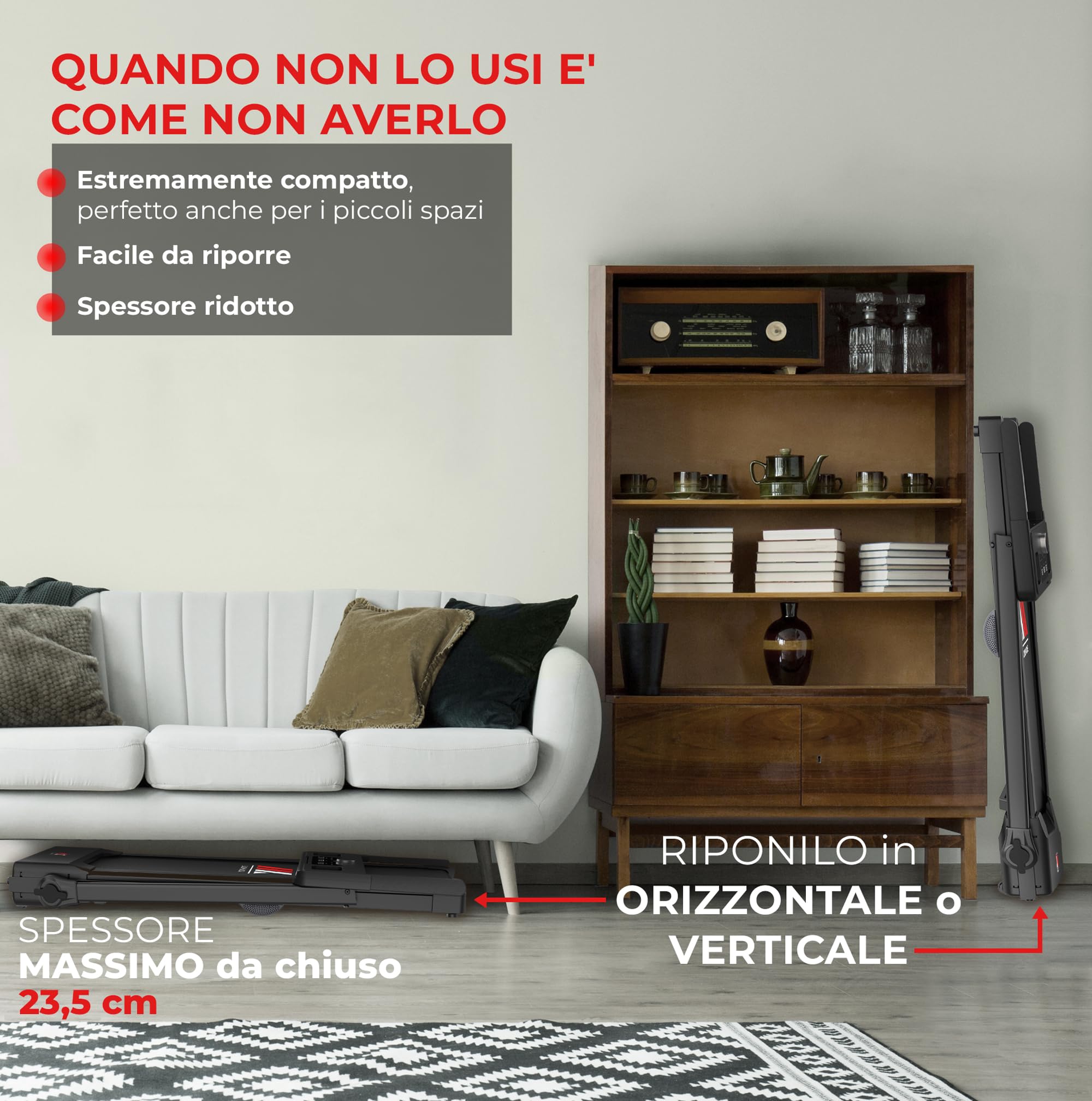 YM Tapis Roulant Salvaspazio 14 km/h 2000 PRO, Marchio Italiano, Ampia Superfice, Tapis Roulant Elettrico Pieghevole, Bluetooth e APP Interattive,Motore 2HP (Picco 3,5HP) Assistenza ITALIA