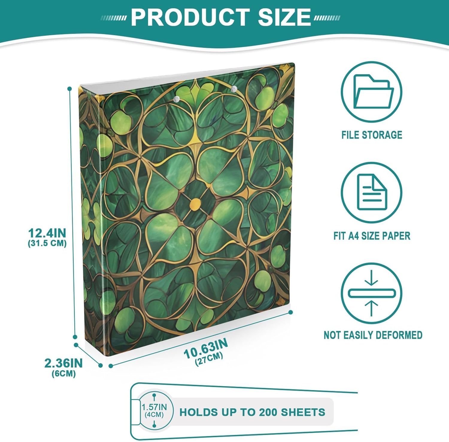 St. Patrick's Pattern 3 Ring Binders, 1.5” Round Ring Binders with Clipboard - Letter Size, 3 Interior PVC Clear Pockets & Anti-Slip Clip for Office School Supplies, 2PCS