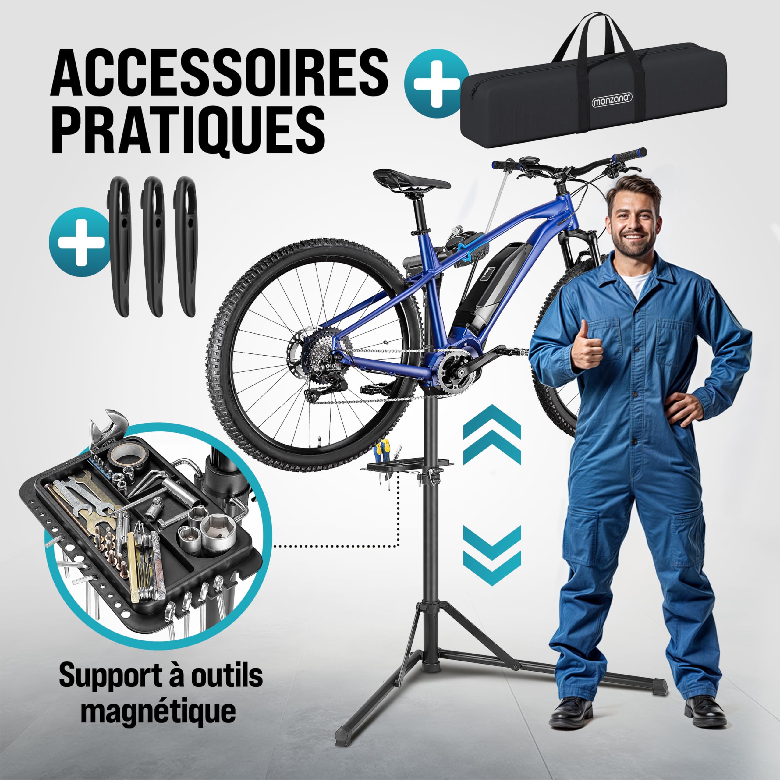 MONZANA® Pied d'atelier vélo Pliable 30/50kg réglable Hauteur Sac de Transport raccord Rapide Pied de réparation VTT Support vélo électrique