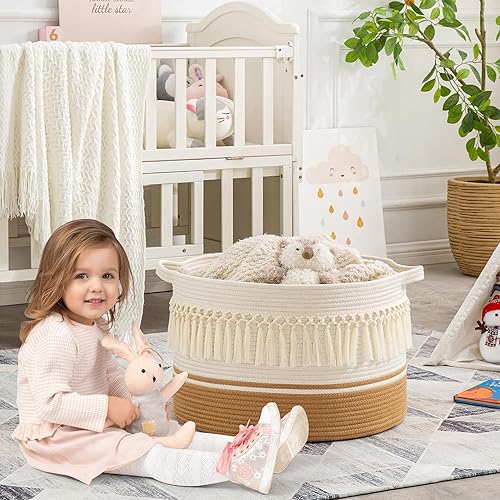 Miniatura 39 de KAKAMAY Cesta grande para manta (20 x 13 pulgadas), cestas tejidas para almacenamiento de ropa sucia de bebé, canasta de manta de cuerda de algodón