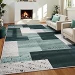 Area Rugs 3X5 for Living Room, Washable Ultra-Thin Checkered Rug for Bedrooms, Non-Slip Soft Flat Print Plaid Carpet for Classroom, Dining Room, Office, Kids Playroom, Gray & Blue